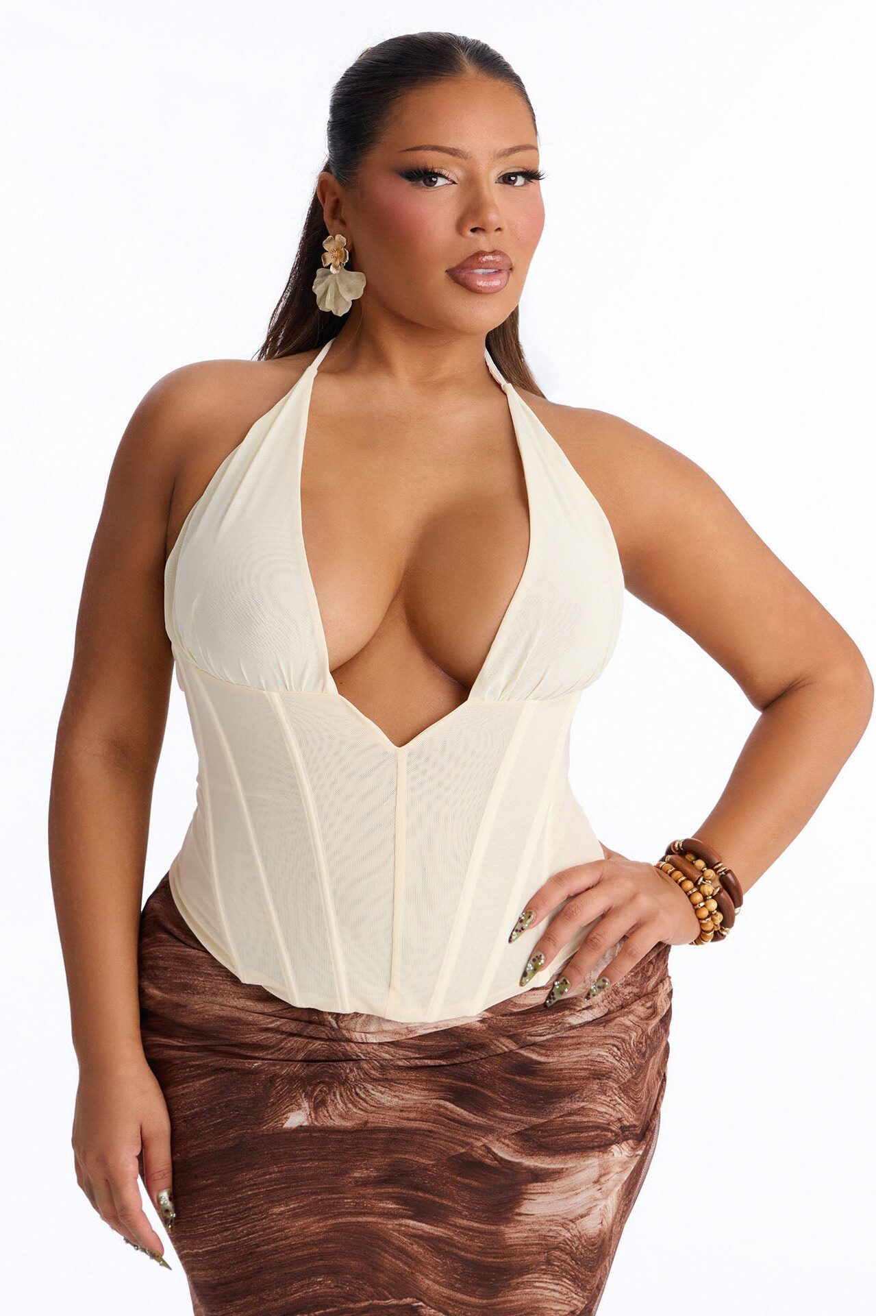 Never Forget Corset Mesh Halter Top - Ivory