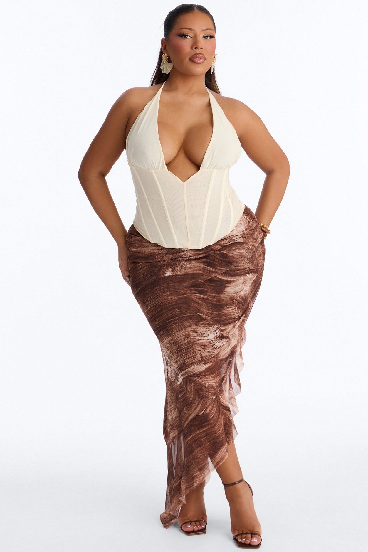 Desert Heat Asymmetrical Ruffle Mesh Midi Skirt - Brown/combo