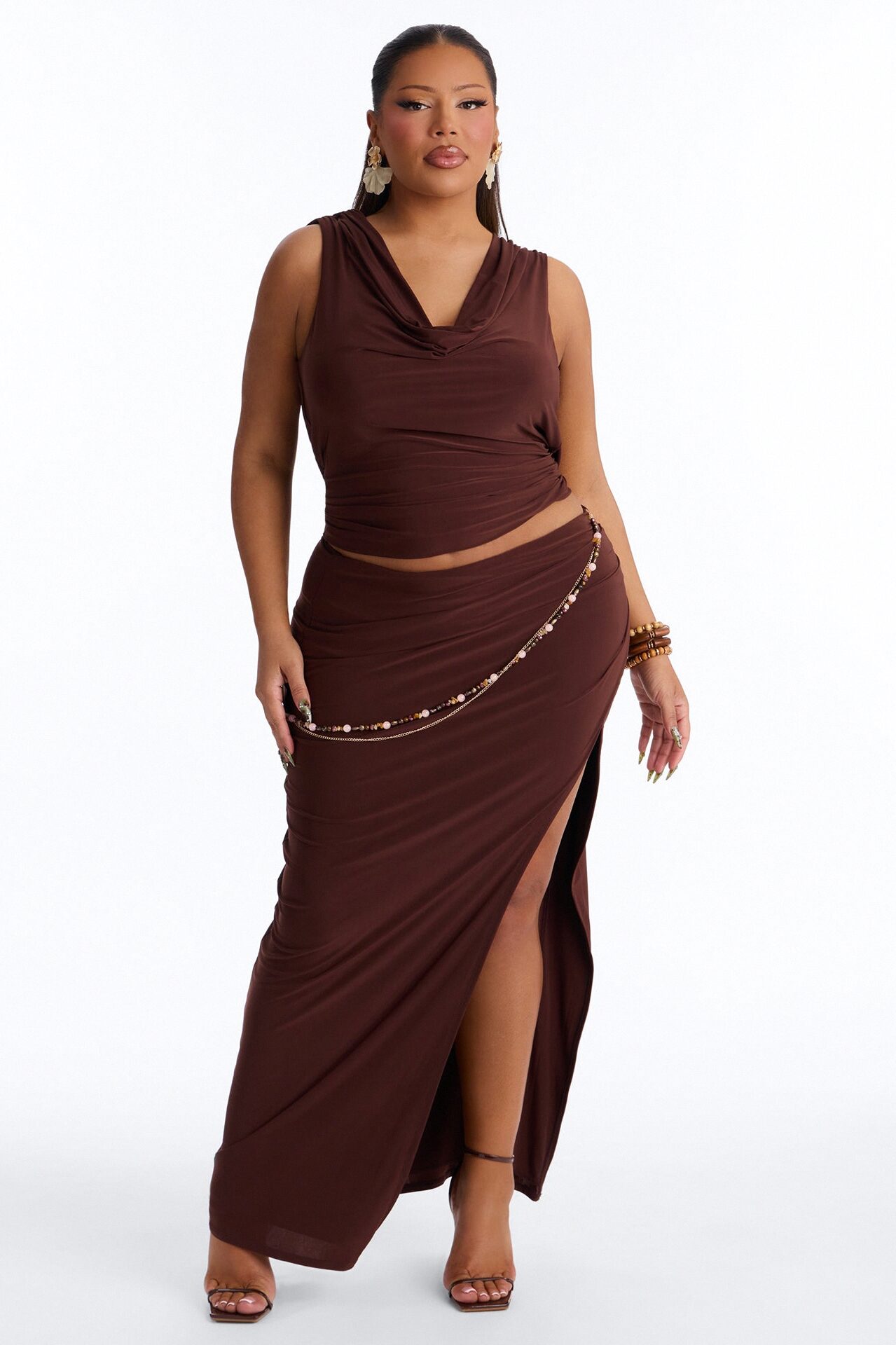 Selene Open Back Chain Detail Maxi Skirt Set - Brown