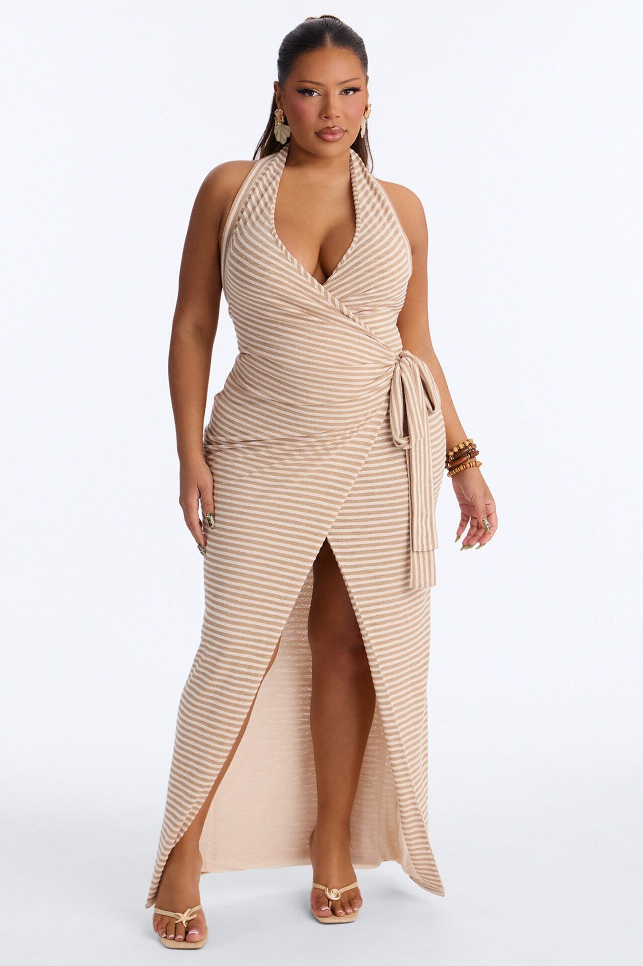 Pool Day Halter Wrap Maxi Dress - Taupe/combo