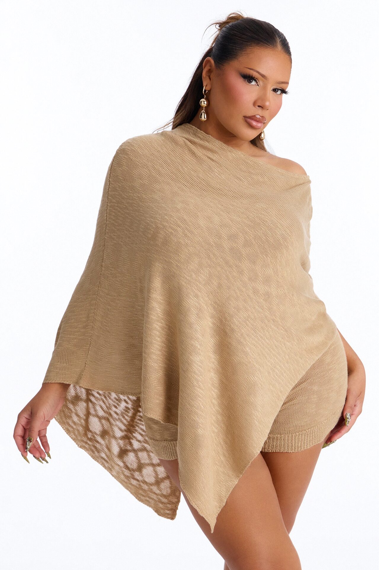 Solia One Shoulder Sweater Knit Short Set - Taupe