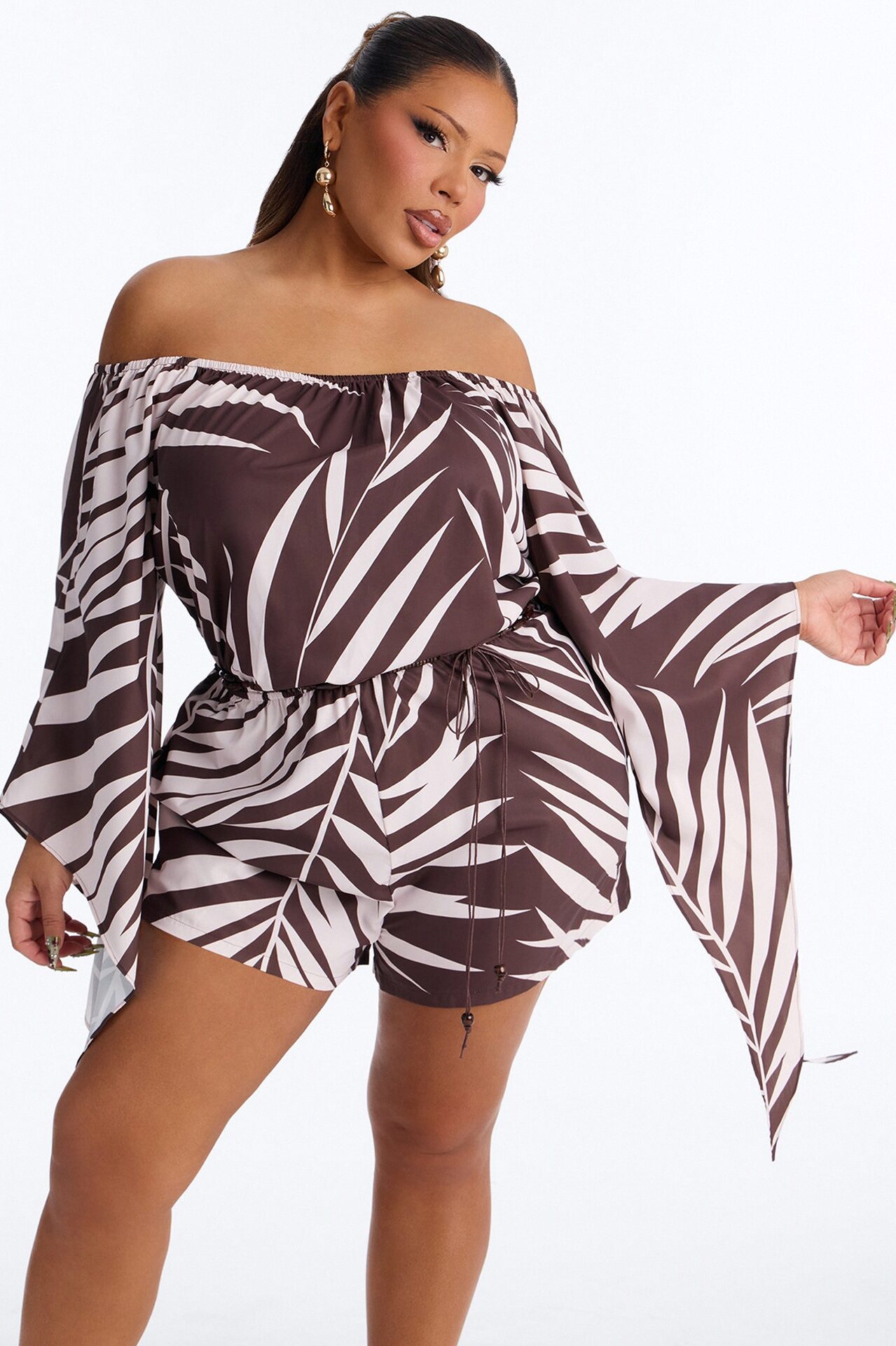 Vena Belted Off Shoulder Romper - Brown