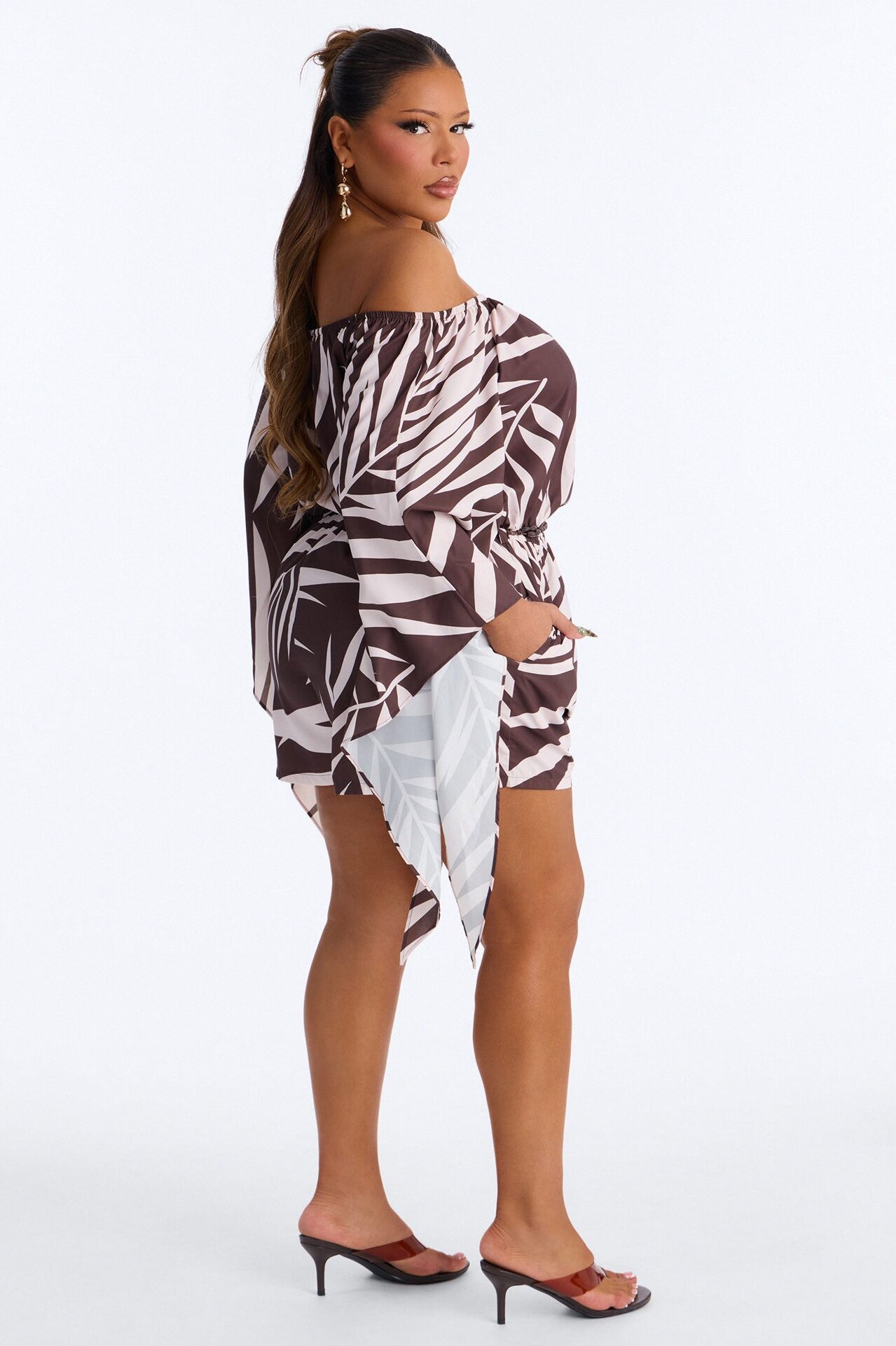 Vena Belted Off Shoulder Romper - Brown
