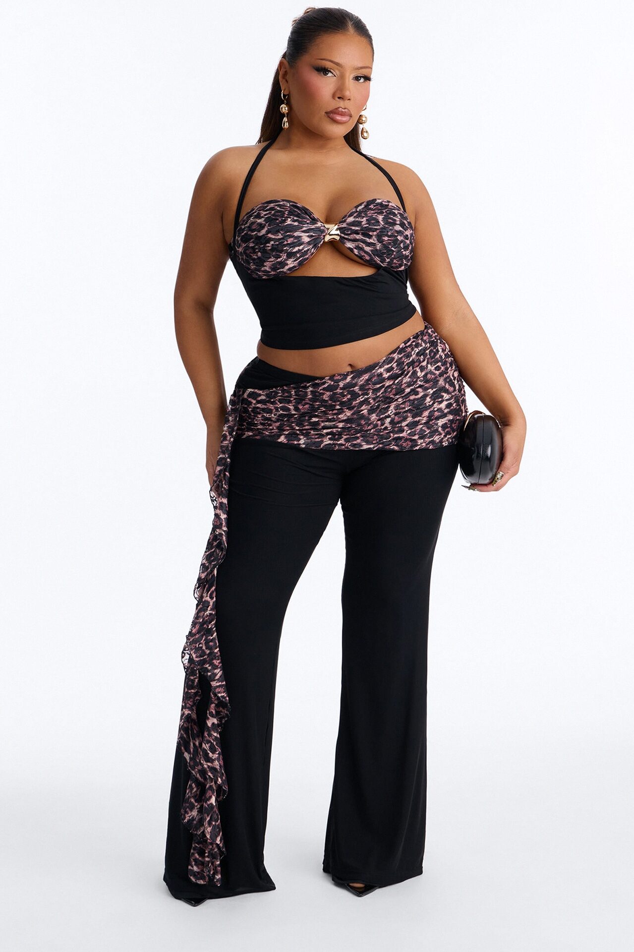 Wildly Tempting Halter Leopard Pant Set - Black/combo