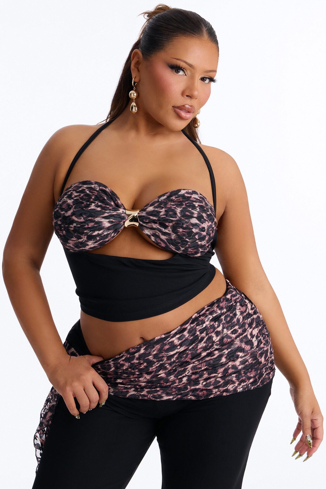 Wildly Tempting Halter Leopard Pant Set - Black/combo