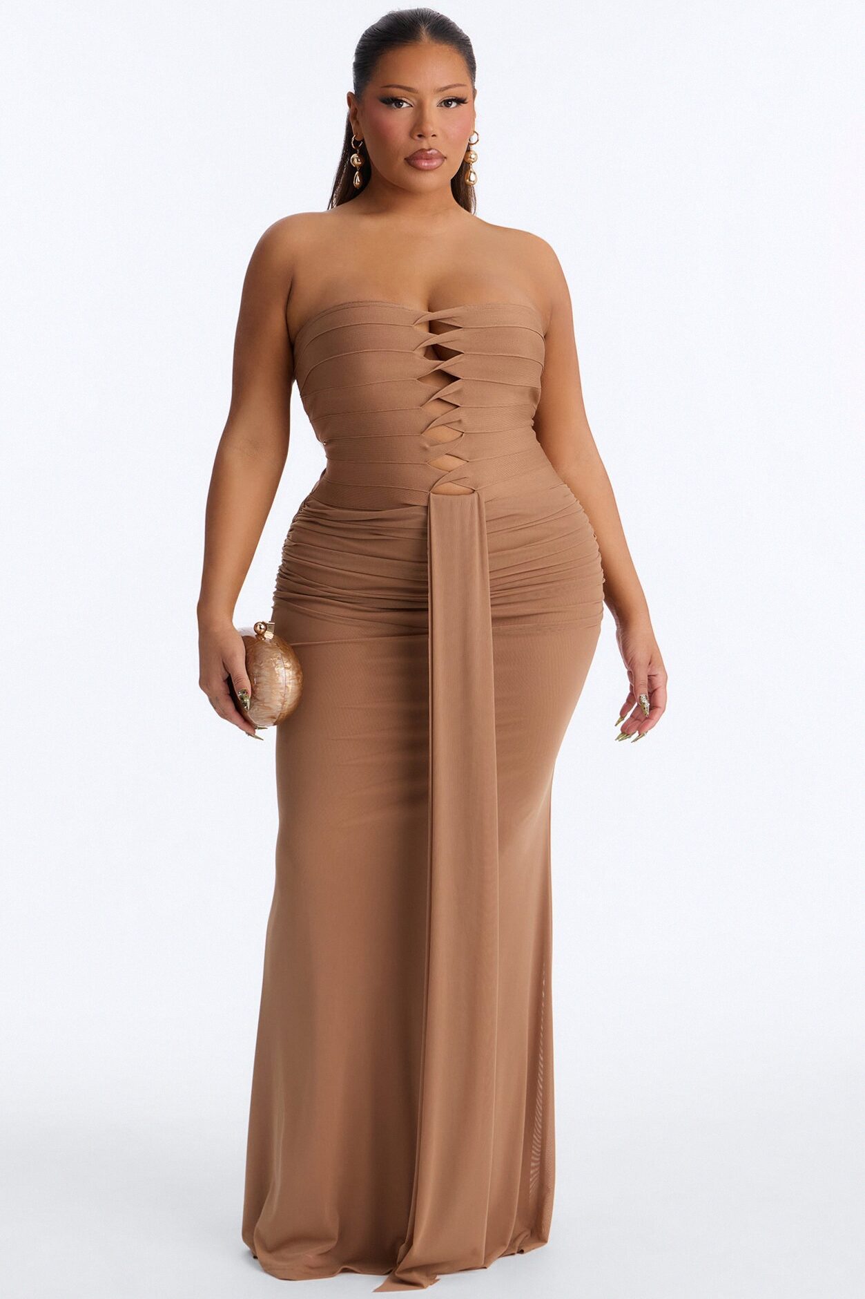 Center Stage Draped Bandage Maxi Dress - Mocha