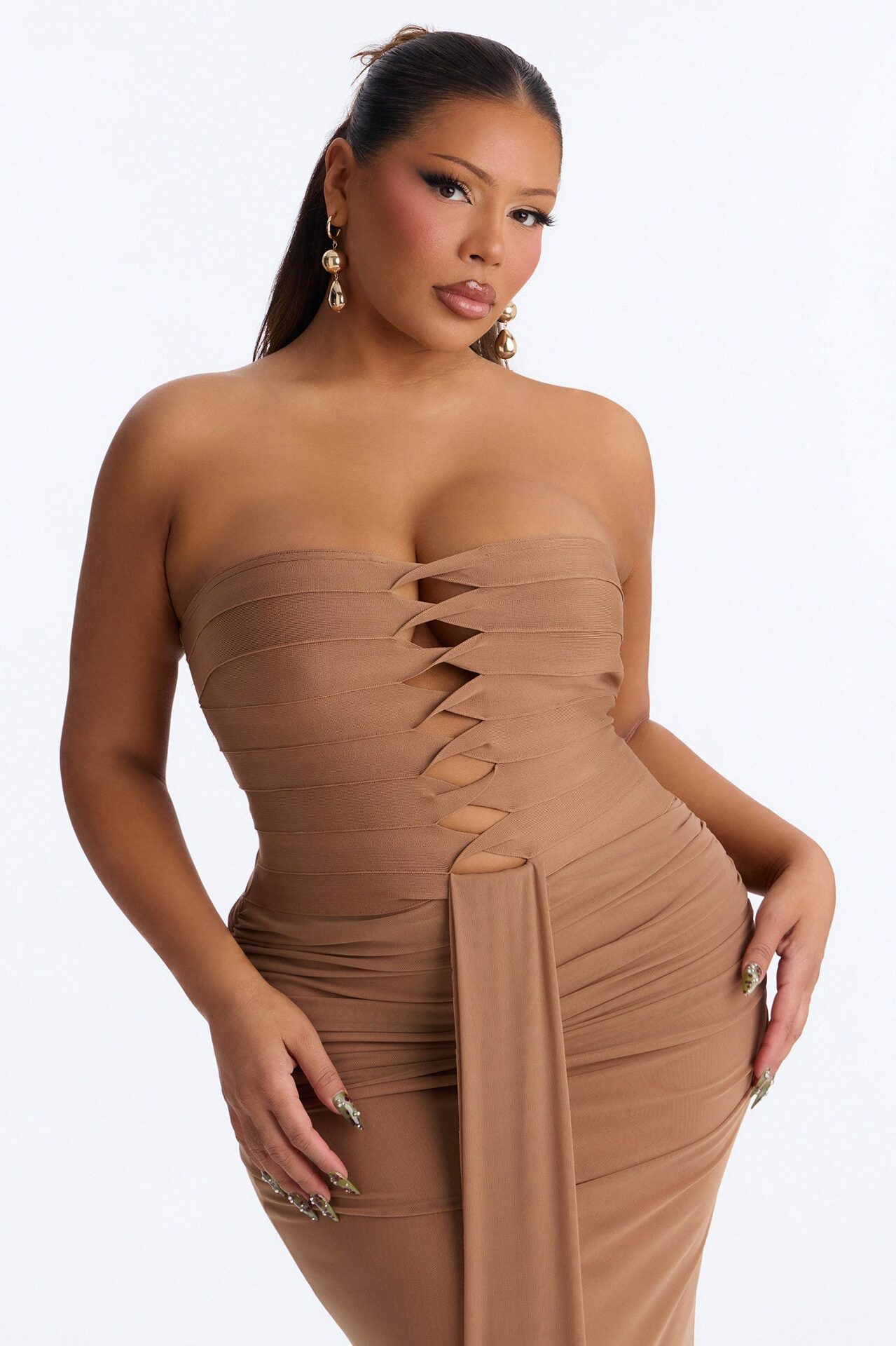 Center Stage Draped Bandage Maxi Dress - Mocha