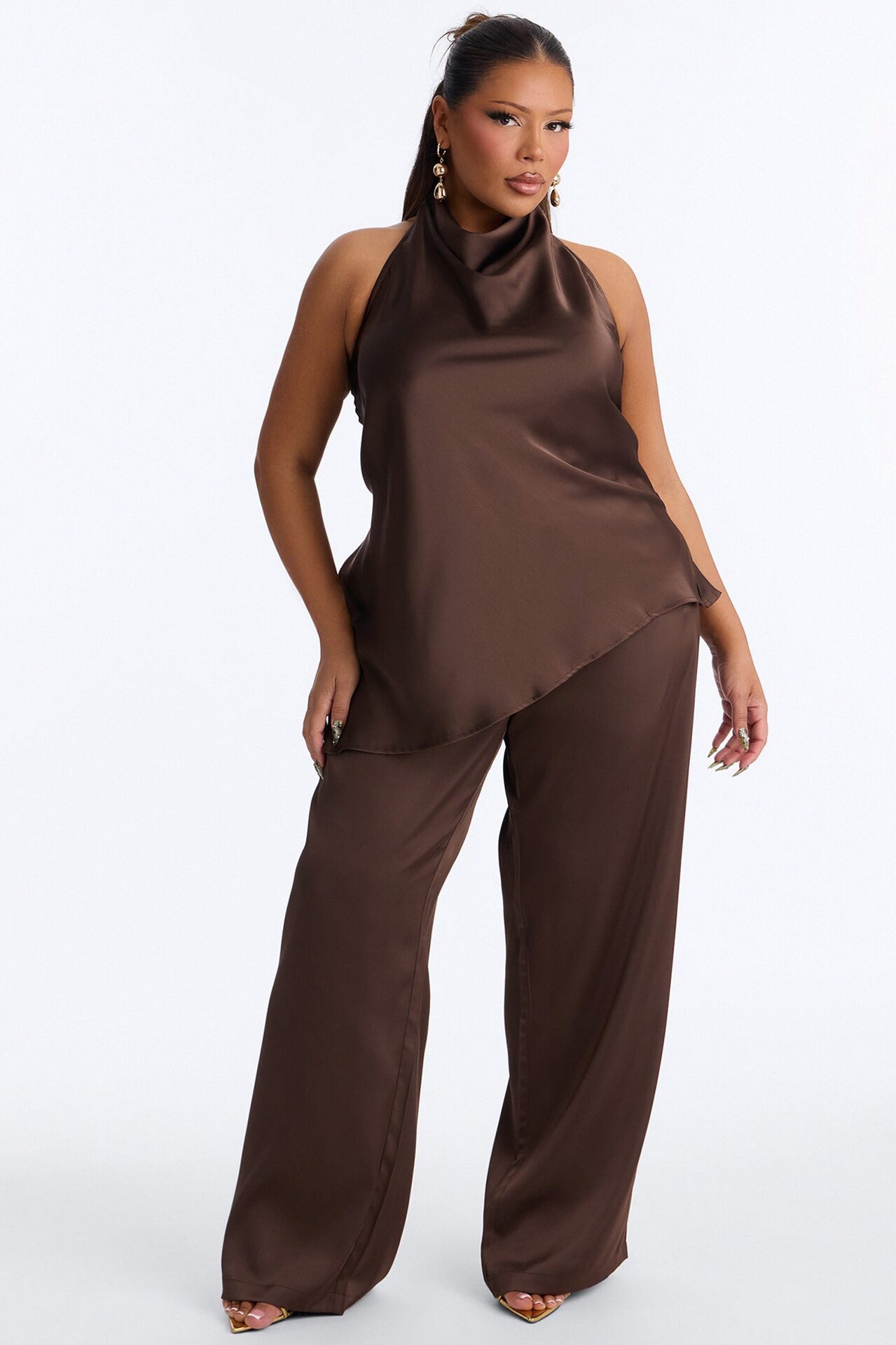 Teagan High Neck Satin Halter Top - Chocolate