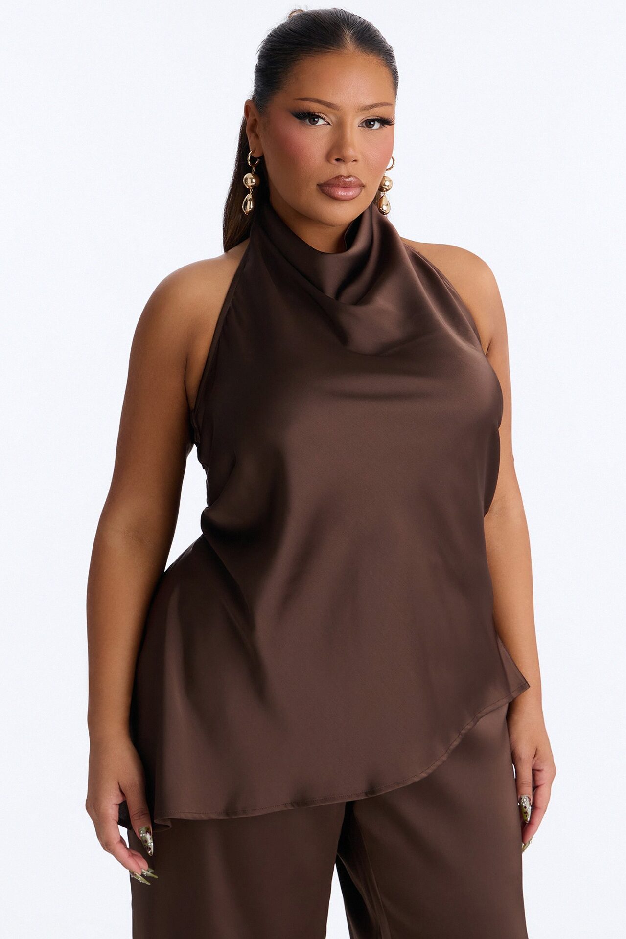 Teagan High Neck Satin Halter Top - Chocolate