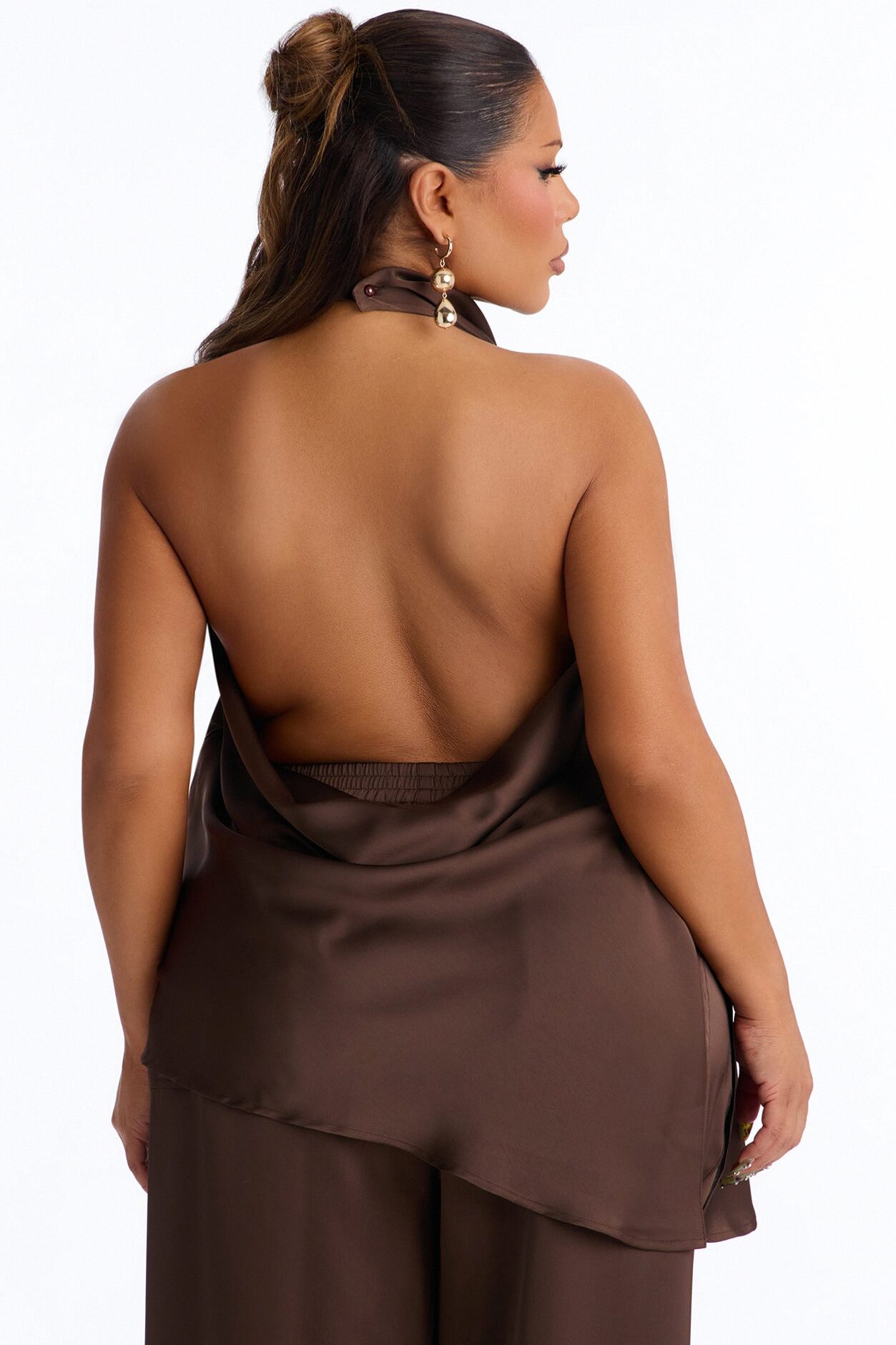 Teagan High Neck Satin Halter Top - Chocolate