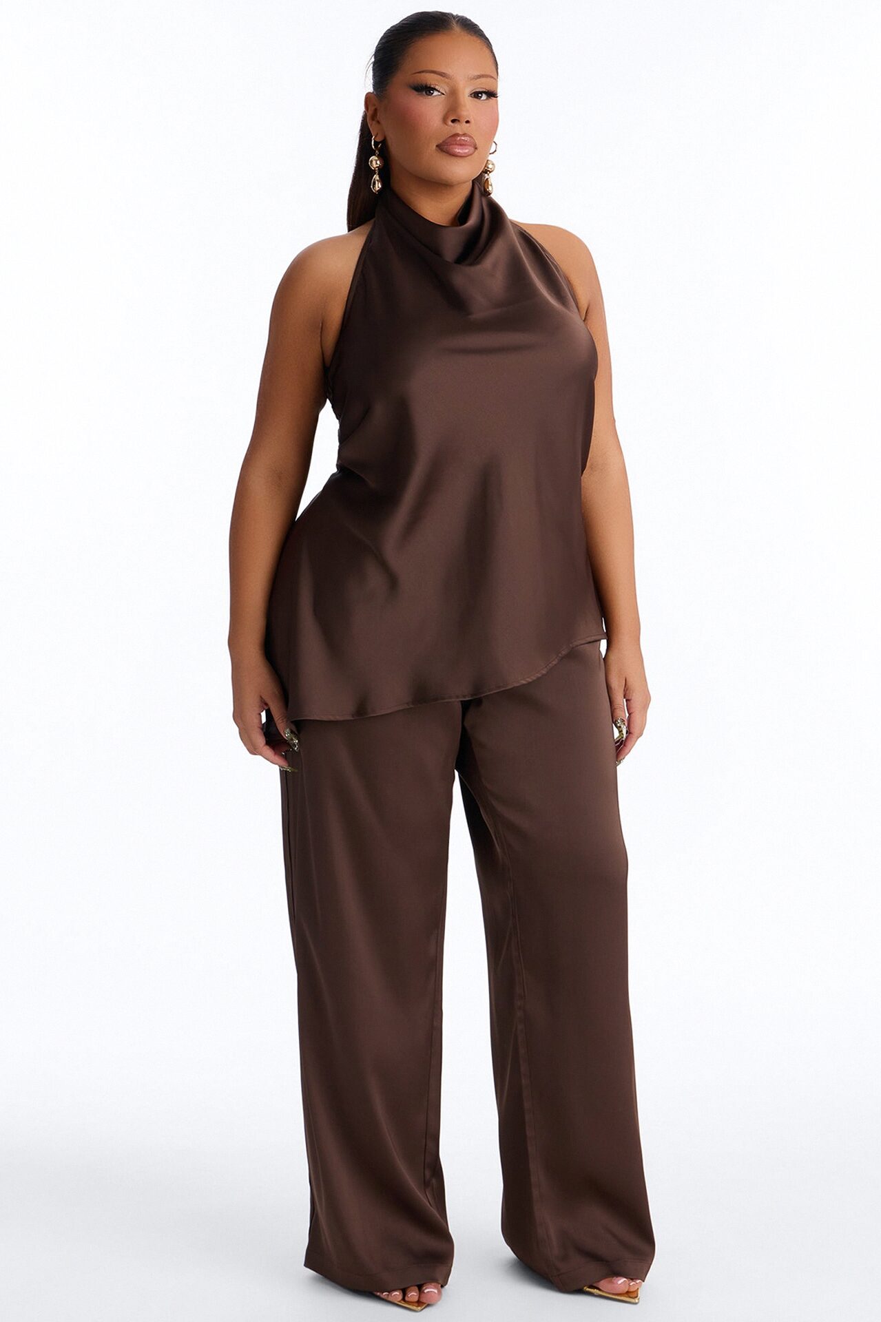 Teagan Low Rise Satin Wide Leg Pant 33″ - Chocolate