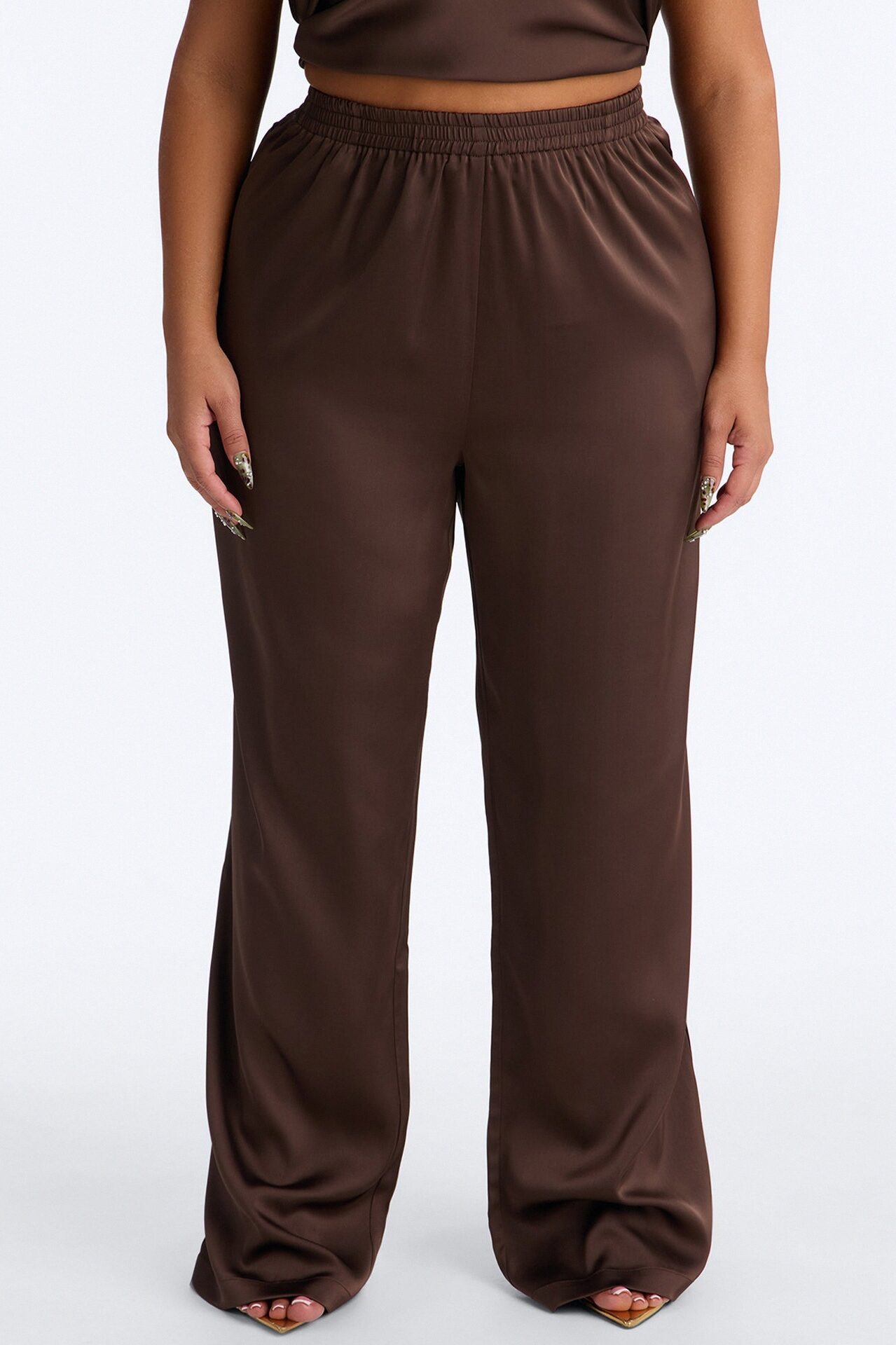 Teagan Low Rise Satin Wide Leg Pant 33″ - Chocolate