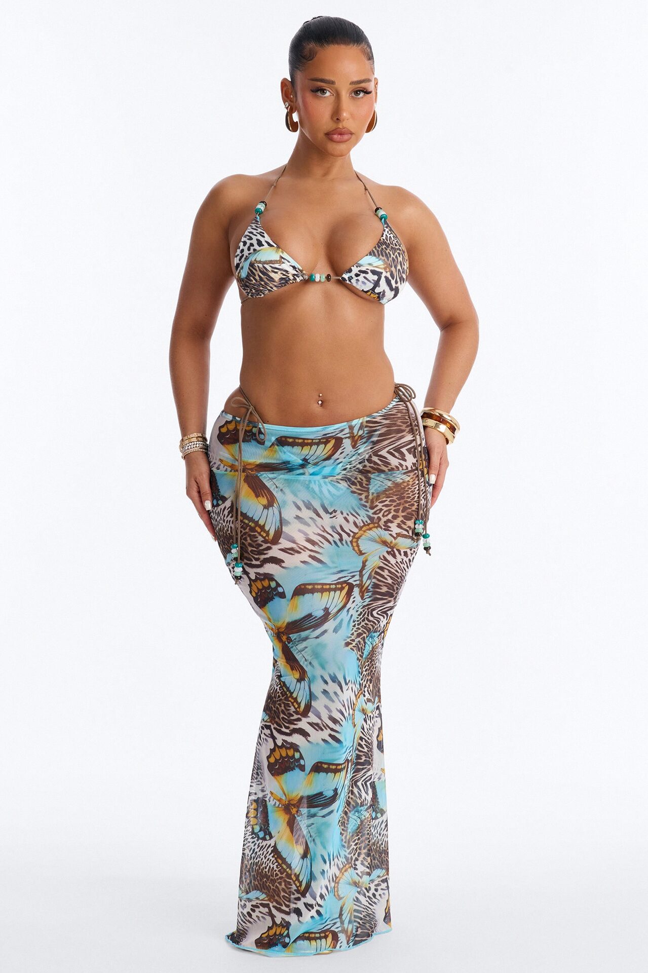 Nila Mixed Beaded Print 3 Piece Triangle Bikini & Skirt Set - Blue/combo