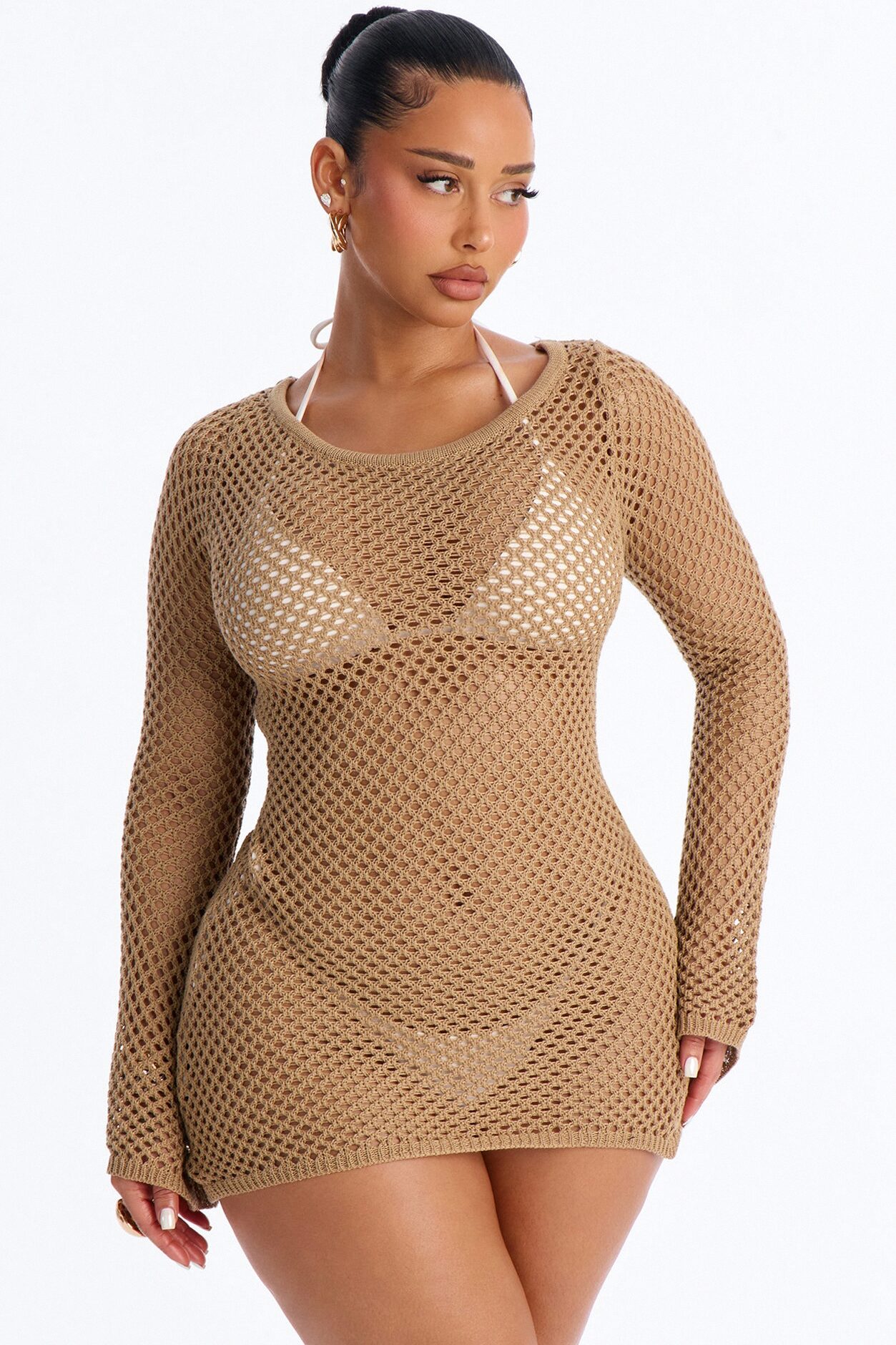 Cassie Crochet Deep Scoop Backless Cover Up Dress - Tan