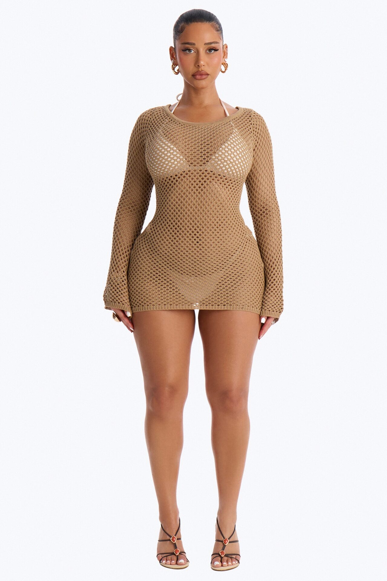 Cassie Crochet Deep Scoop Backless Cover Up Dress - Tan