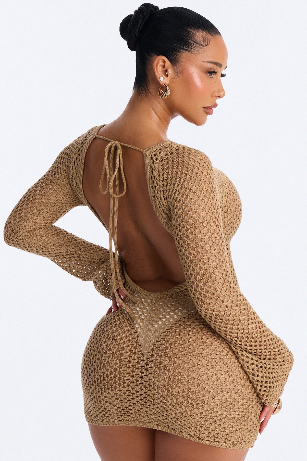 Cassie Crochet Deep Scoop Backless Cover Up Dress - Tan