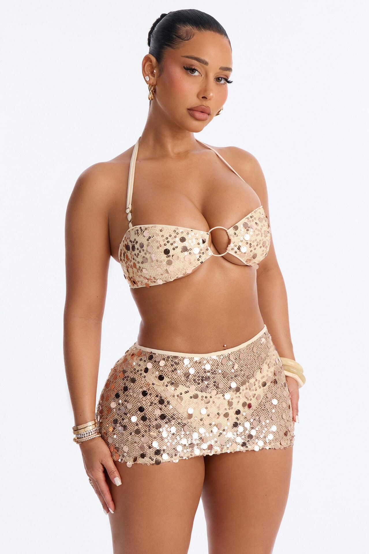 Teagan 3 Piece Sequin Halter Bikini & Cover Up Mini Skirt Sunsuit - Gold