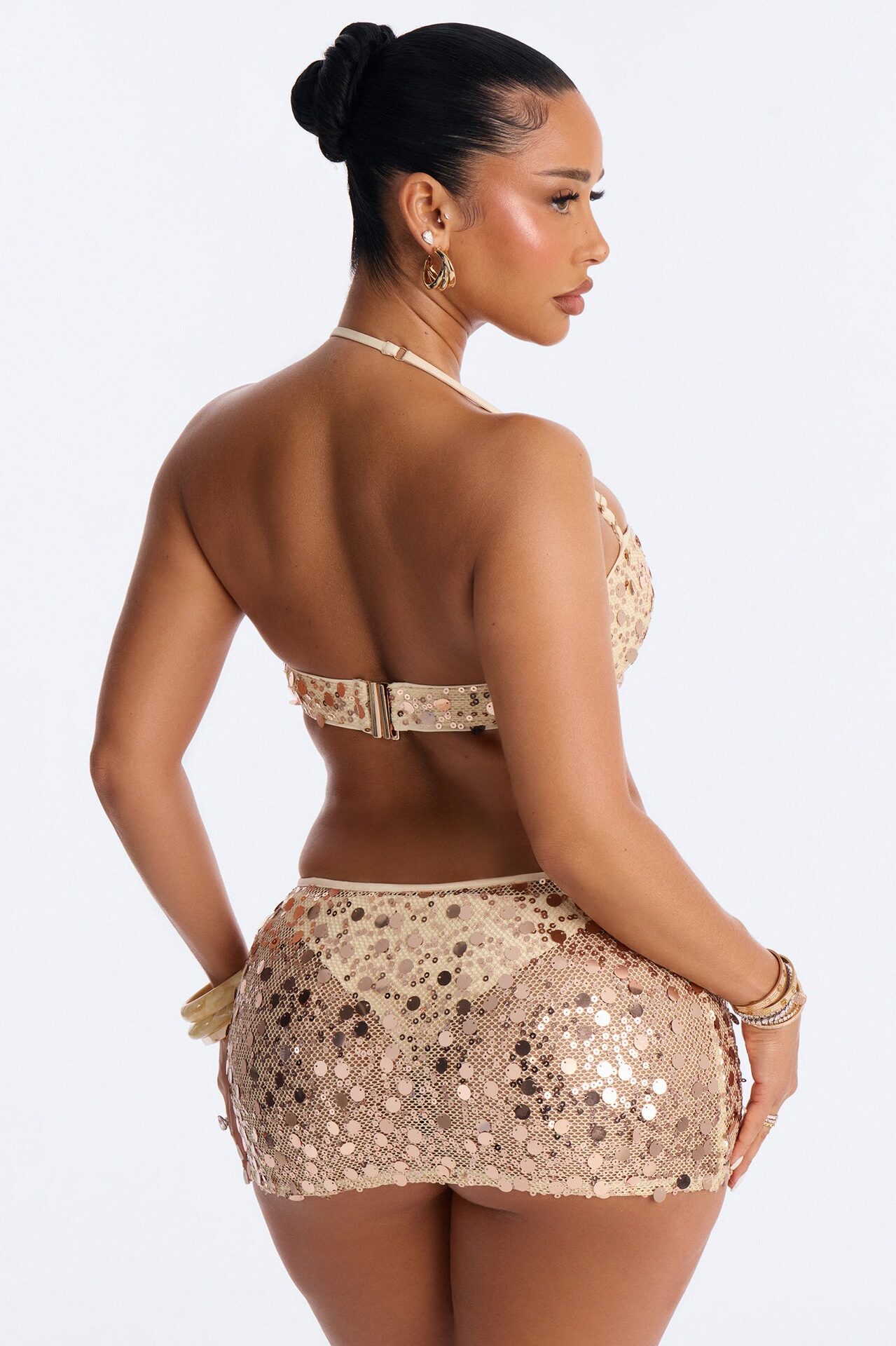 Teagan 3 Piece Sequin Halter Bikini & Cover Up Mini Skirt Sunsuit - Gold