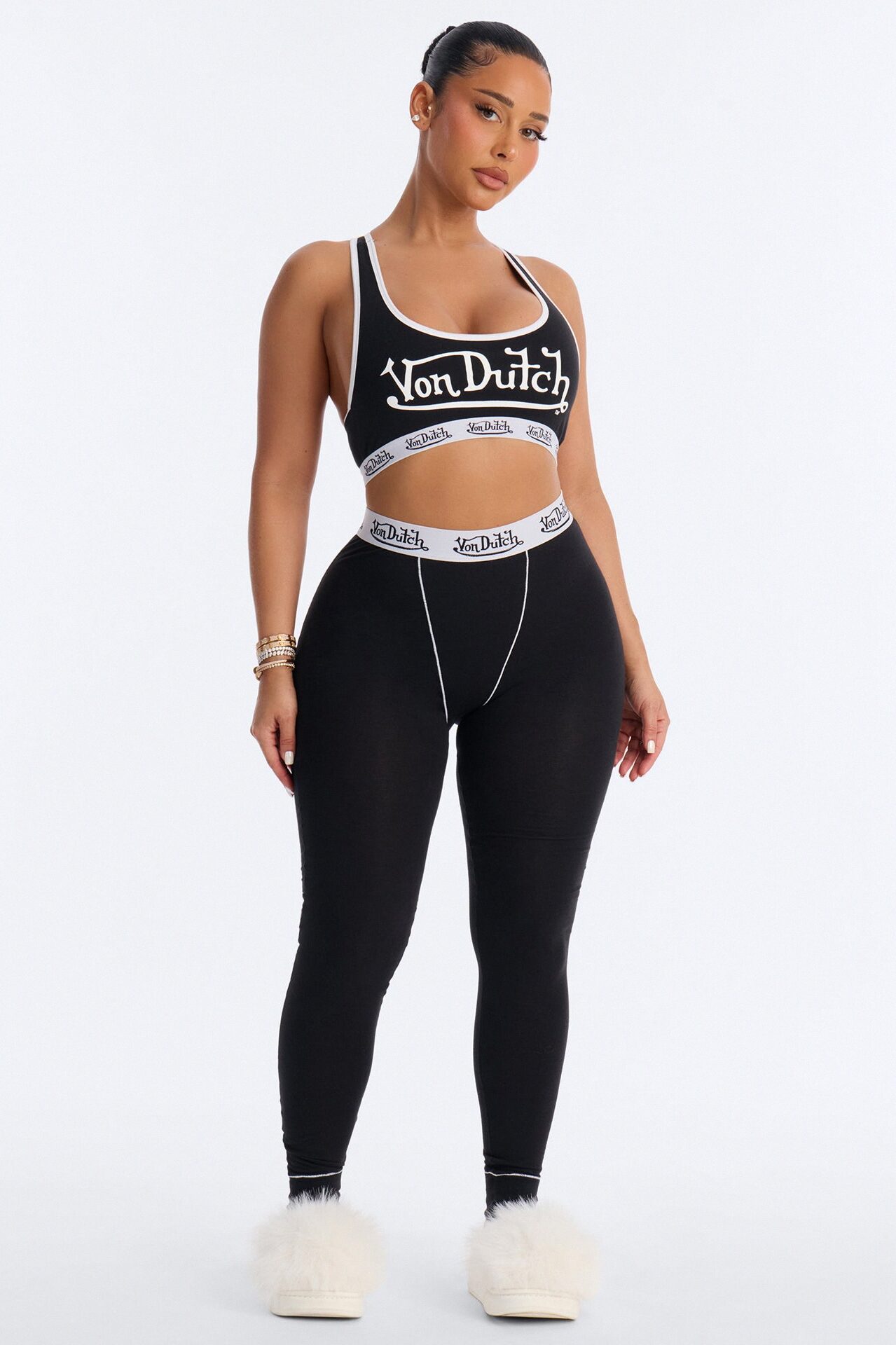 Von Dutch Contrast Stitching Bralette PJ Legging Pant Set - Black