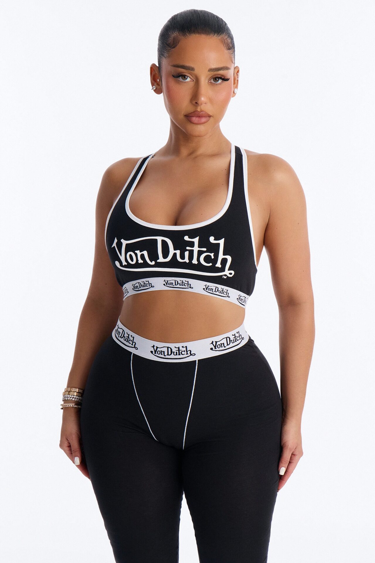 Von Dutch Contrast Stitching Bralette PJ Legging Pant Set - Black
