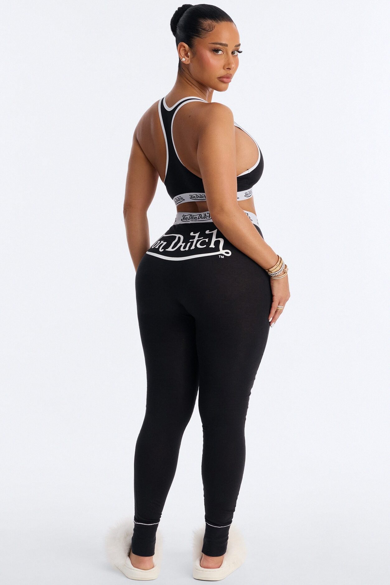 Von Dutch Contrast Stitching Bralette PJ Legging Pant Set - Black