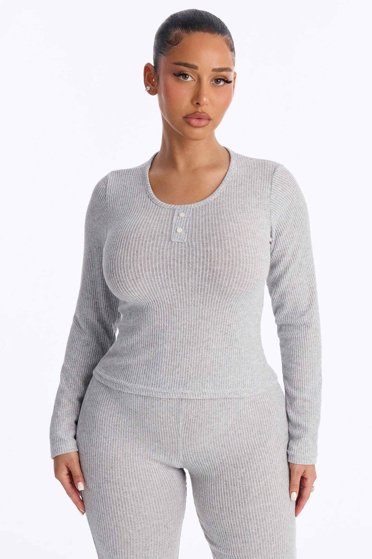 Slumber Haven Ribbed Long Sleeve PJ Pant Set - Heather Grey