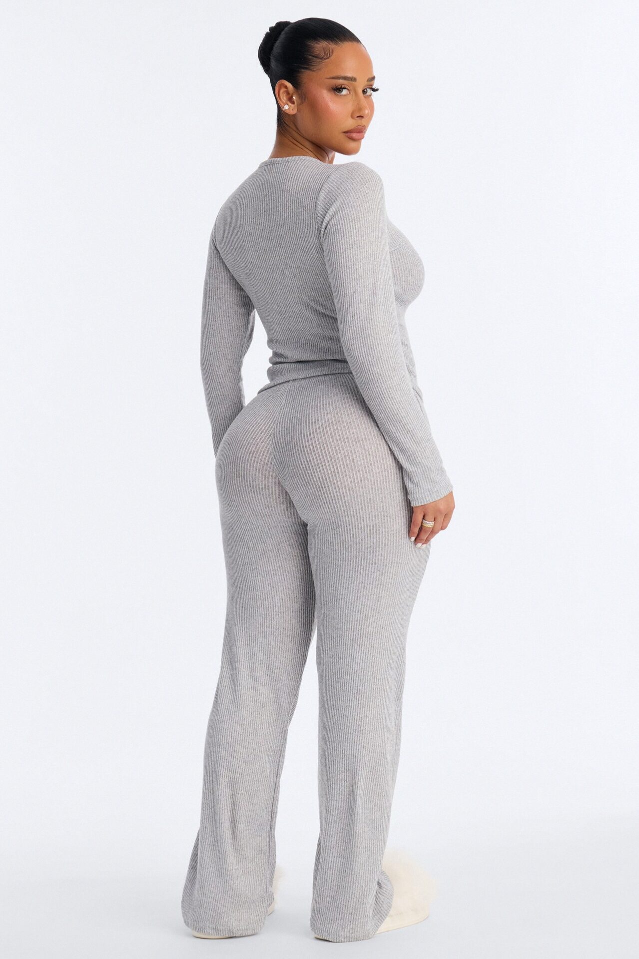 Slumber Haven Ribbed Long Sleeve PJ Pant Set - Heather Grey