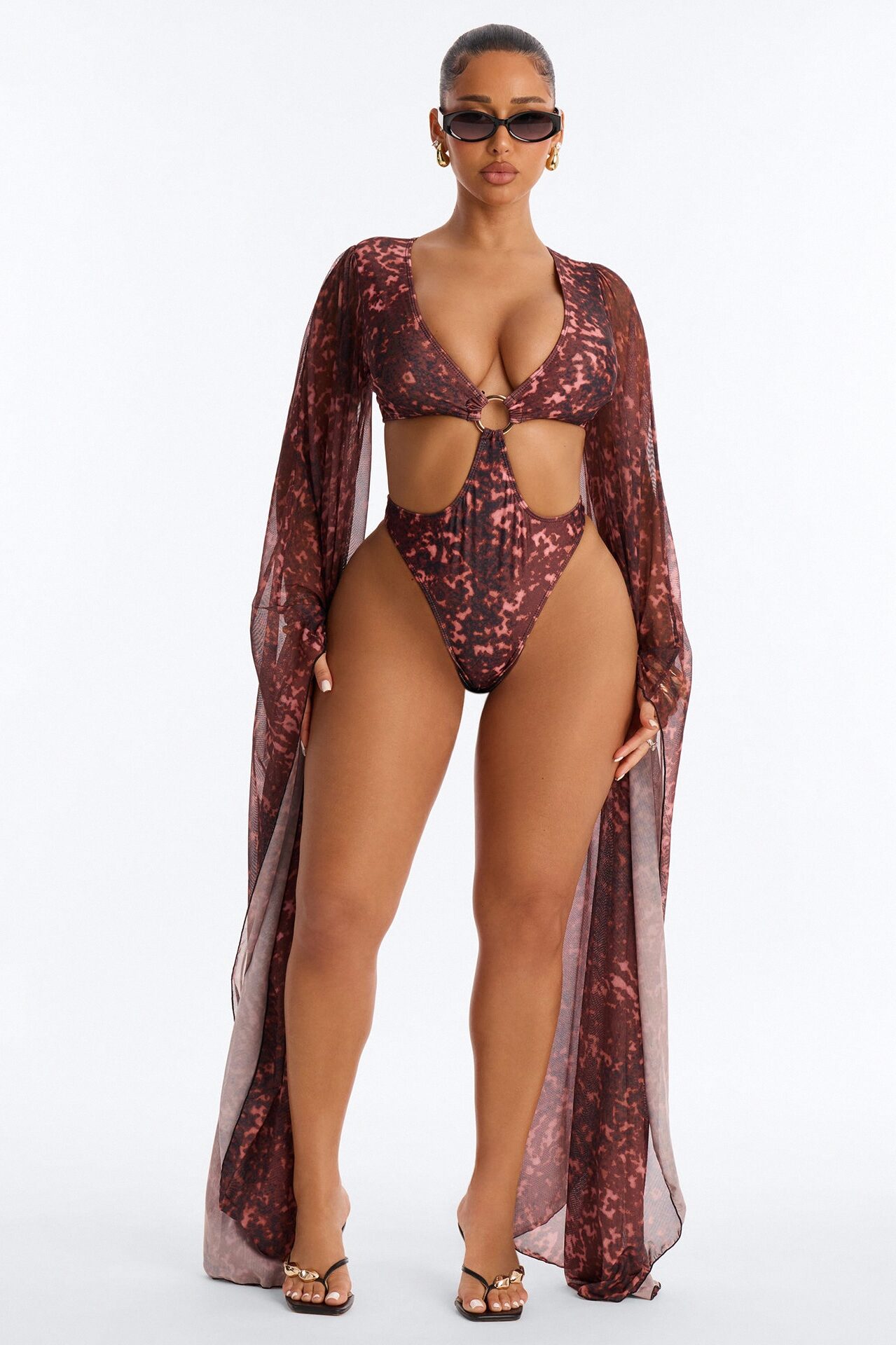 Expand My Horizons Flare Long Sleeves O-Ring Cut Out 1 Piece Swimsuit - Burgundy