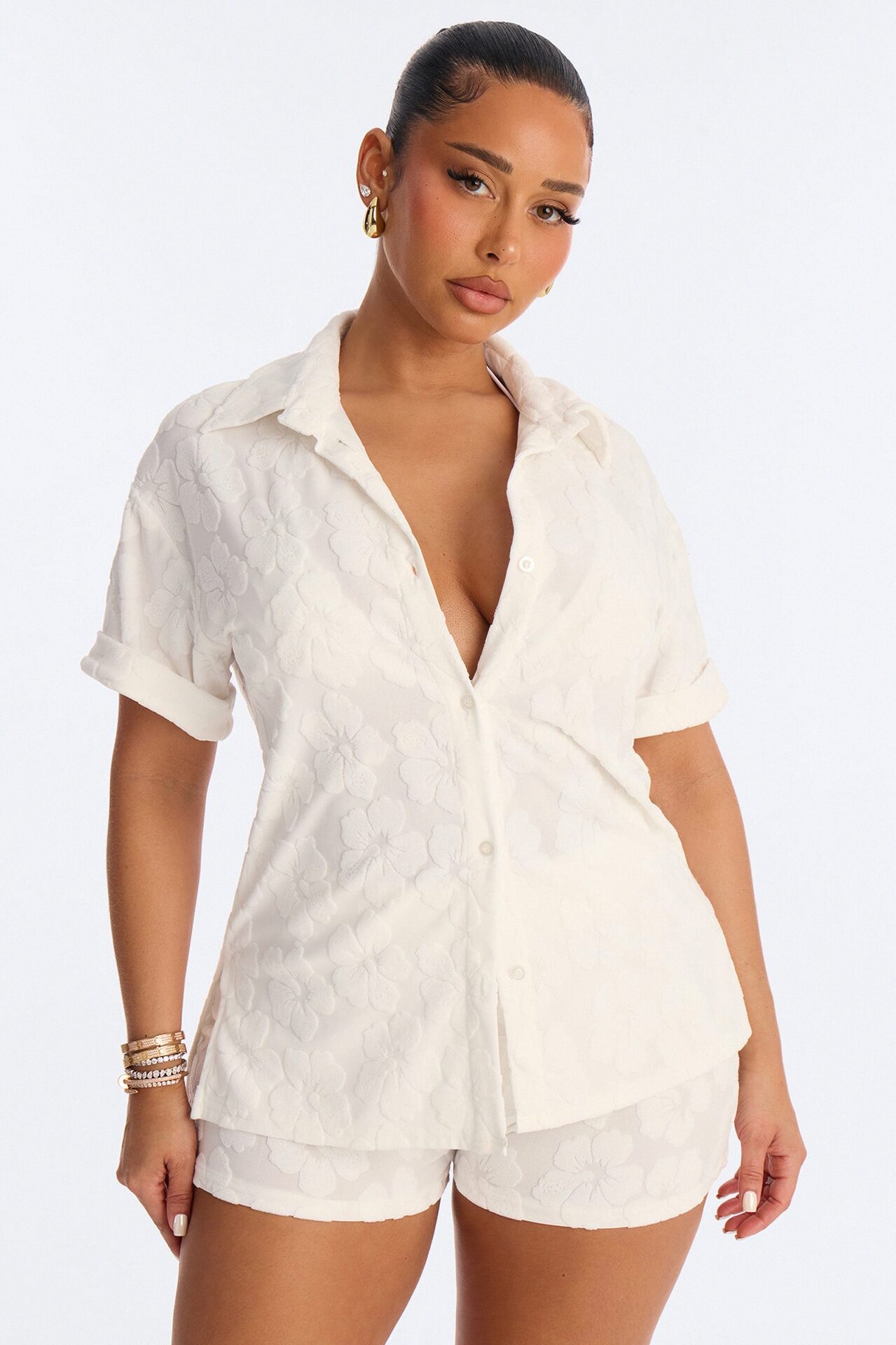 Cristal Textured Swim Cover Up Short Set - White
