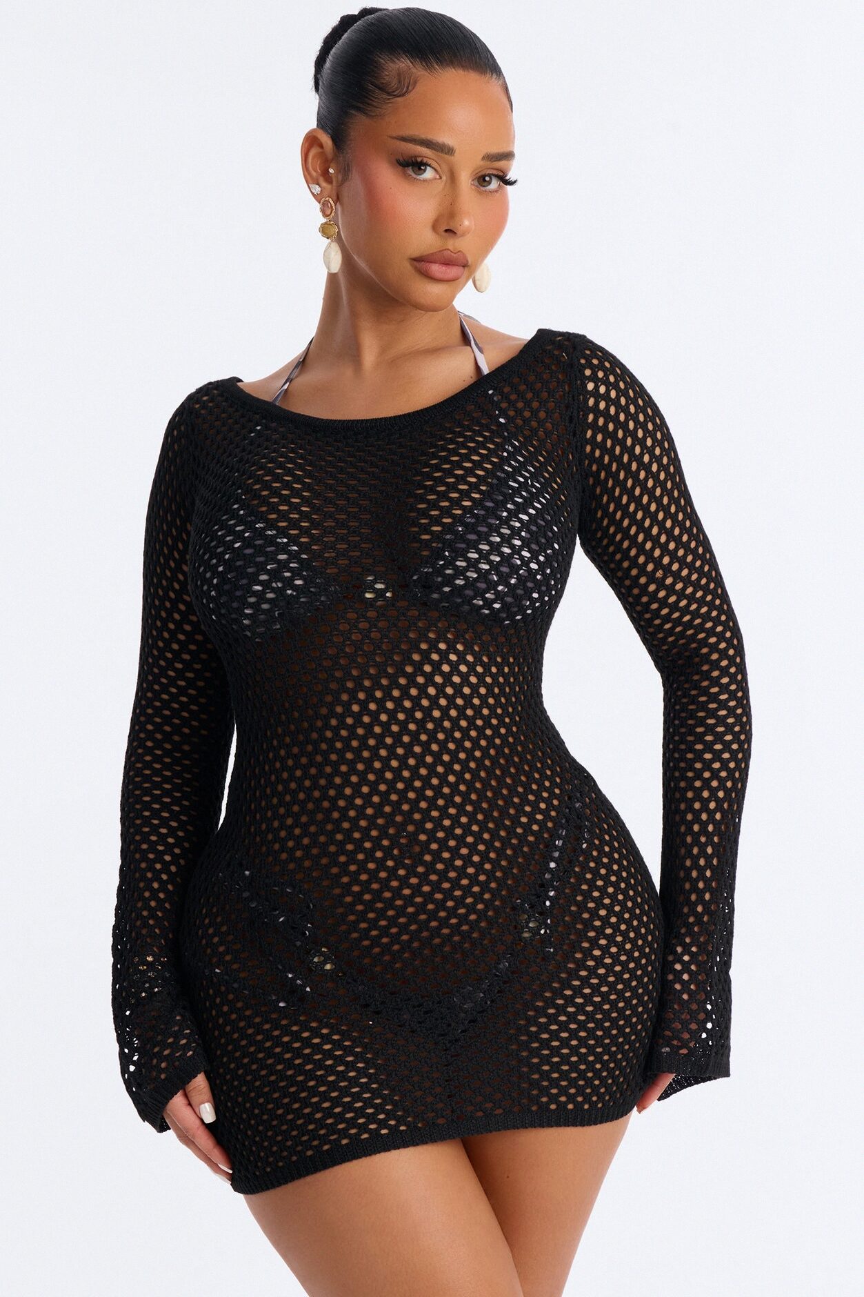 Cassie Crochet Deep Scoop Backless Cover Up Dress - Black