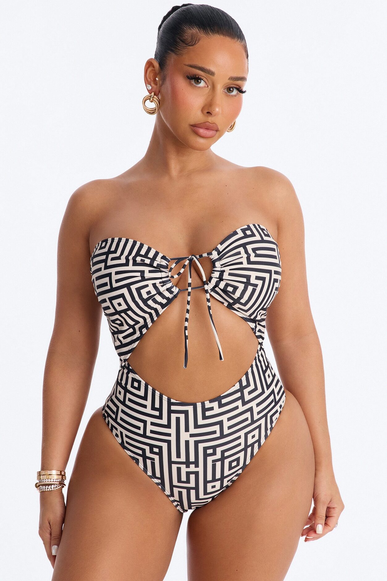 Frida 1 Piece Geometric Print Strapless Swimsuit & Cover Up Mini Skirt - Black/White