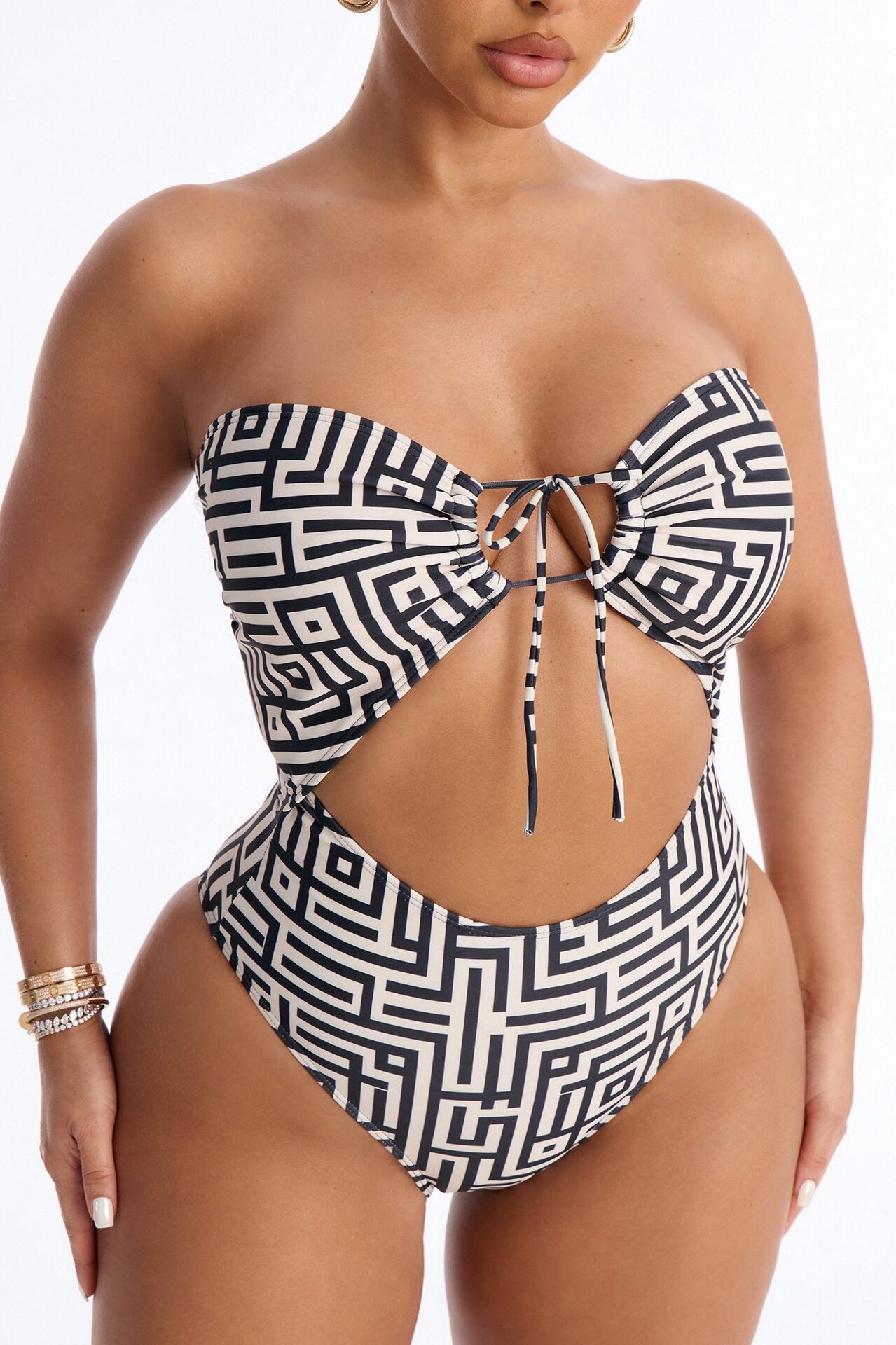 Frida 1 Piece Geometric Print Strapless Swimsuit & Cover Up Mini Skirt - Black/White