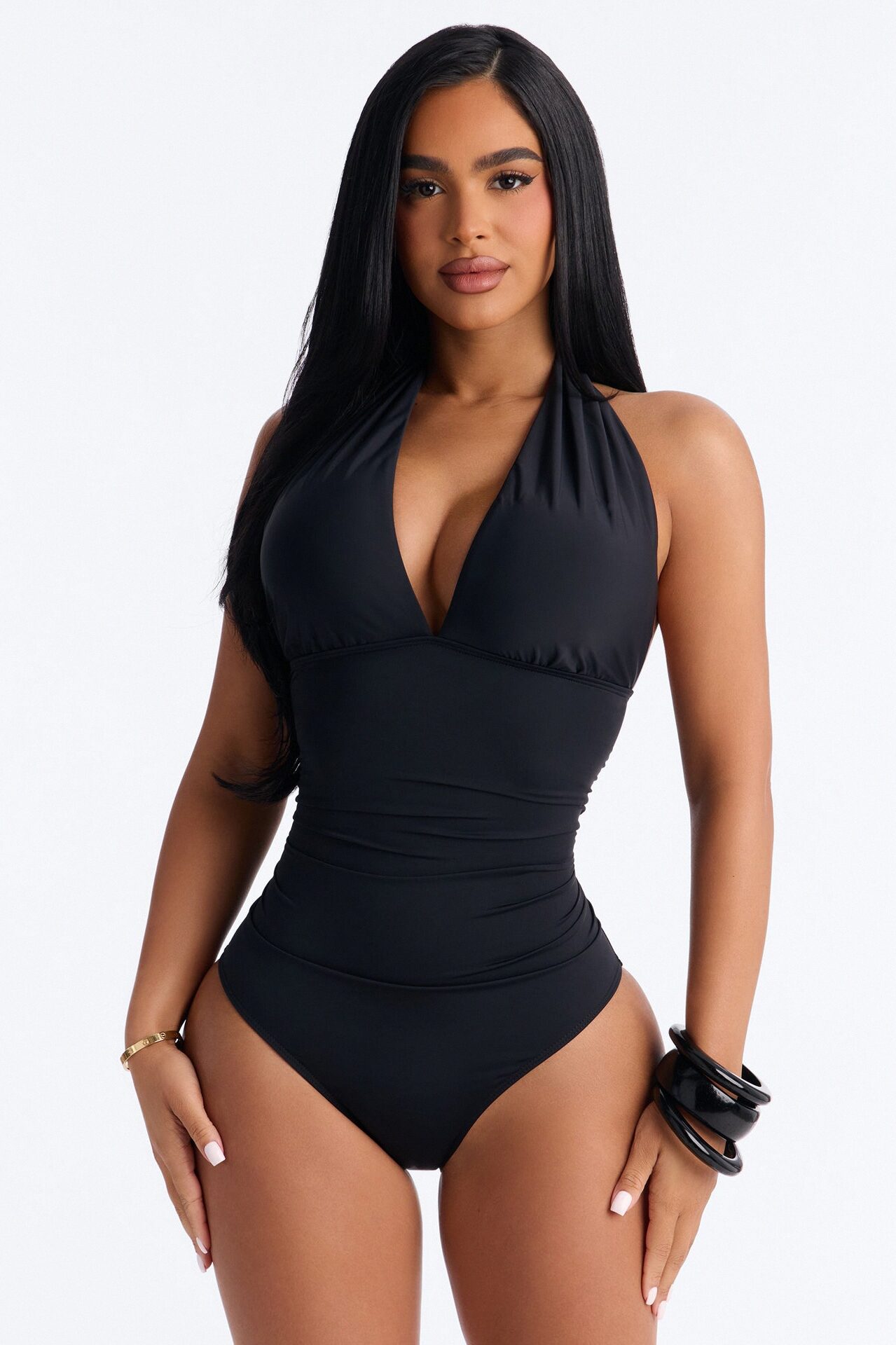 Second Skin 1 Piece Ruched Plunge Halter Swimsuit - Black