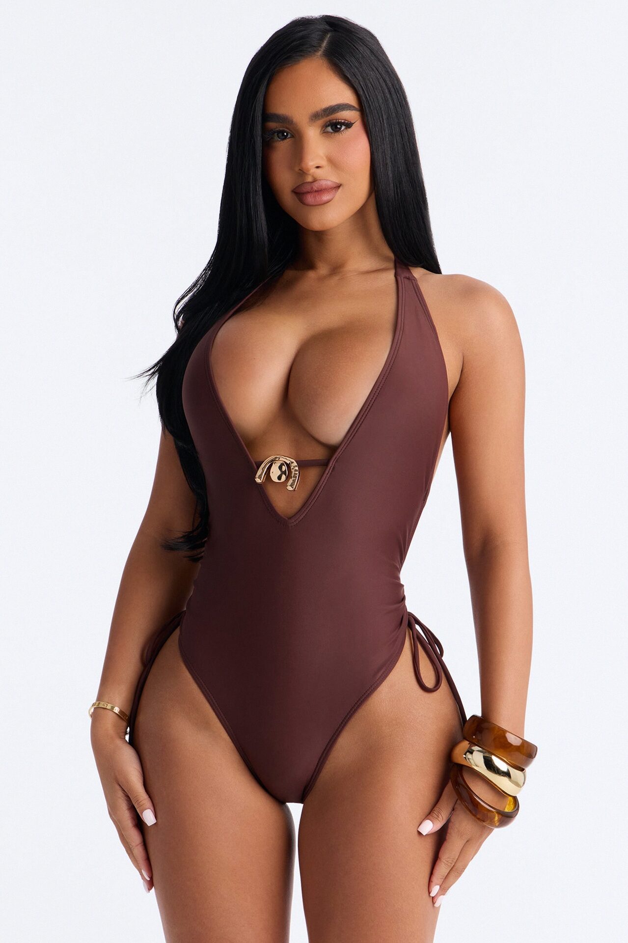 Paige Hardware Deep V-Neck Side Ruching 1 Piece Swimsuit - Brown