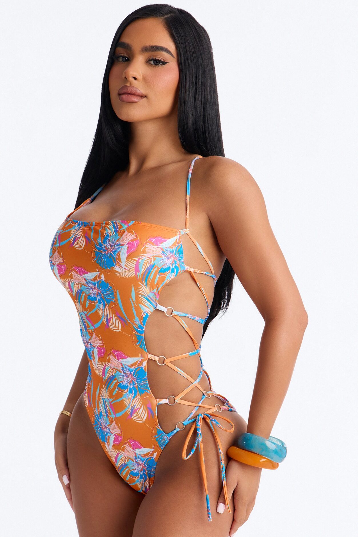 Wave Catcher Asymmetrical One Shoulder Side Lace Down Ties 1 Piece Swimsuit - Orange/combo