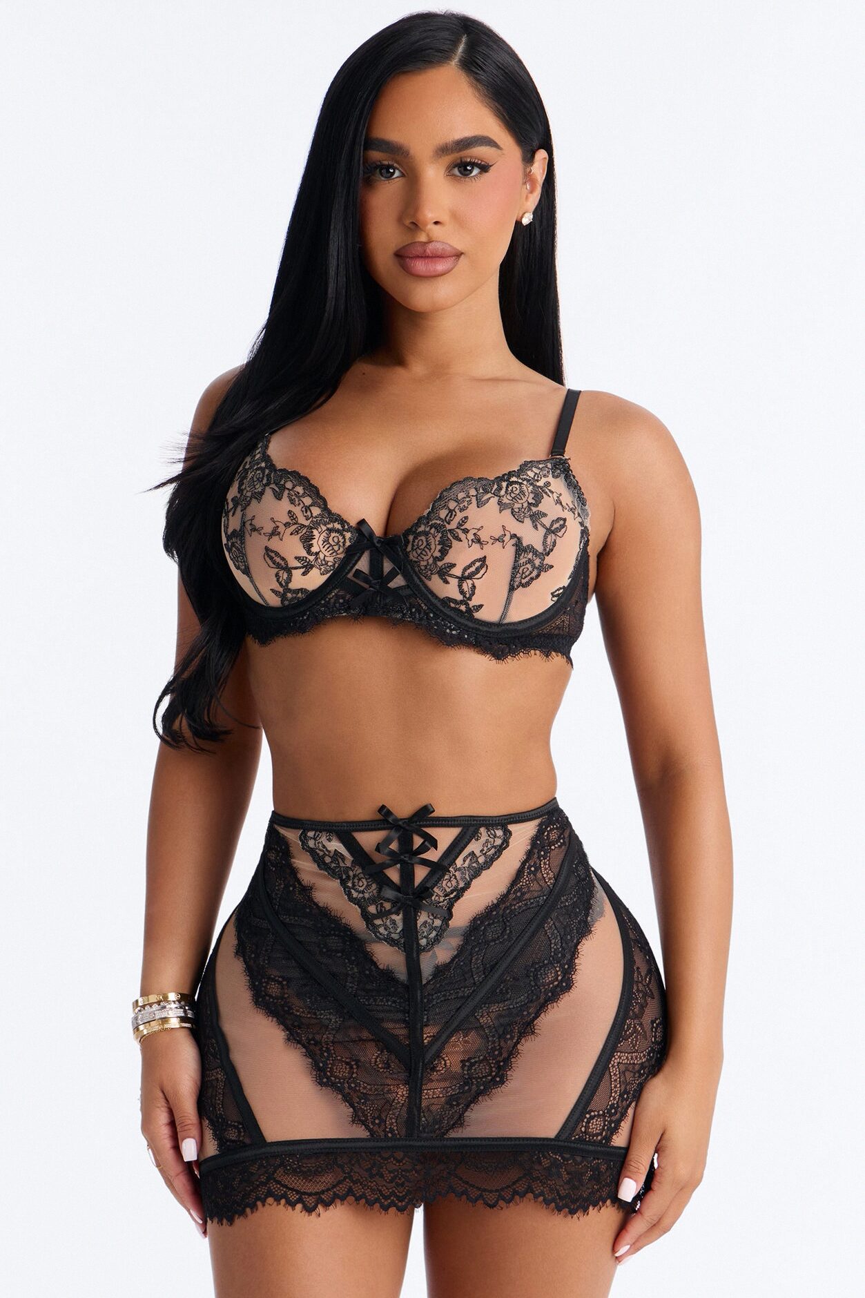 Kaira Lace 3 Piece Bra And Panty Skirt Set - Black