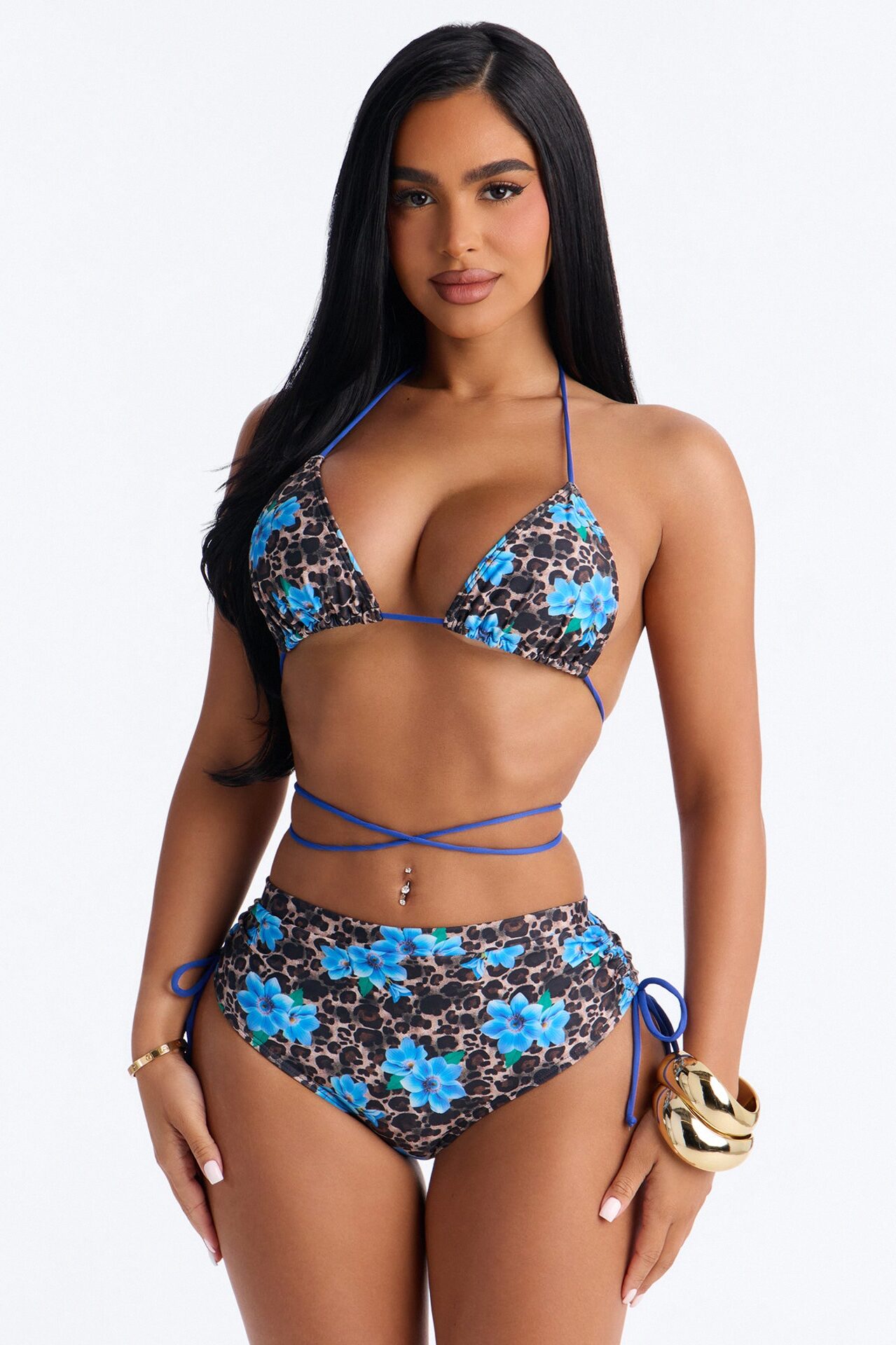 Beating The Heat Floral Leopard Strappy Ties High Waist 2 Piece Bikini - Blue/combo