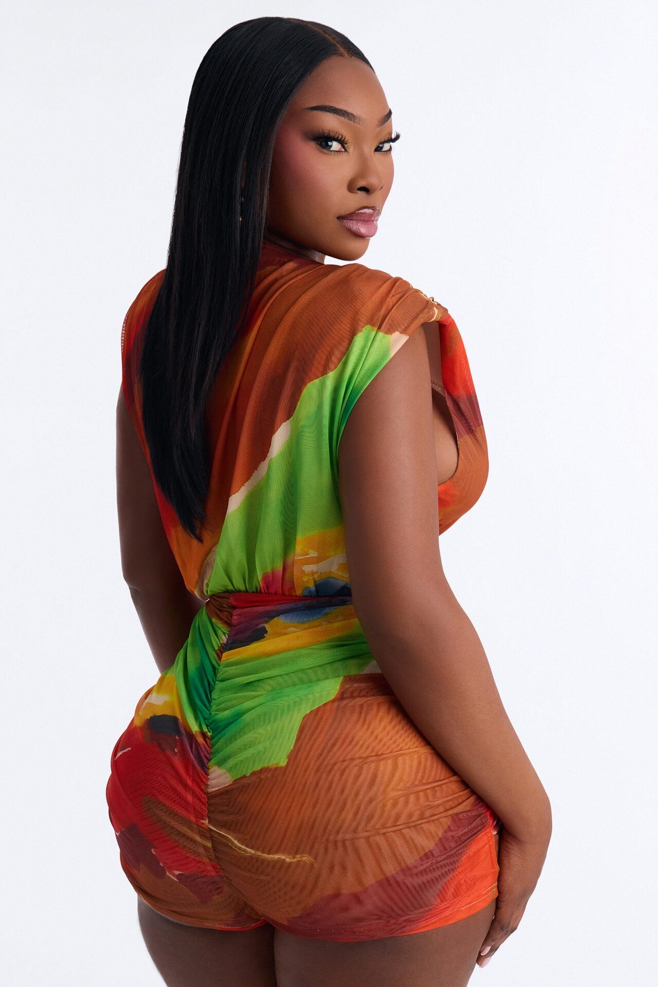 Viena Mesh Plunge Romper - Orange