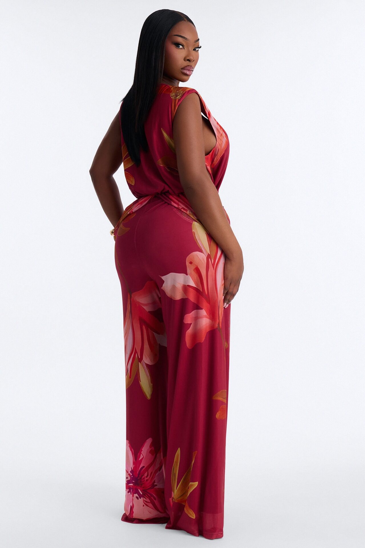 Mara Mesh Lace Trim Jumpsuit - Wine