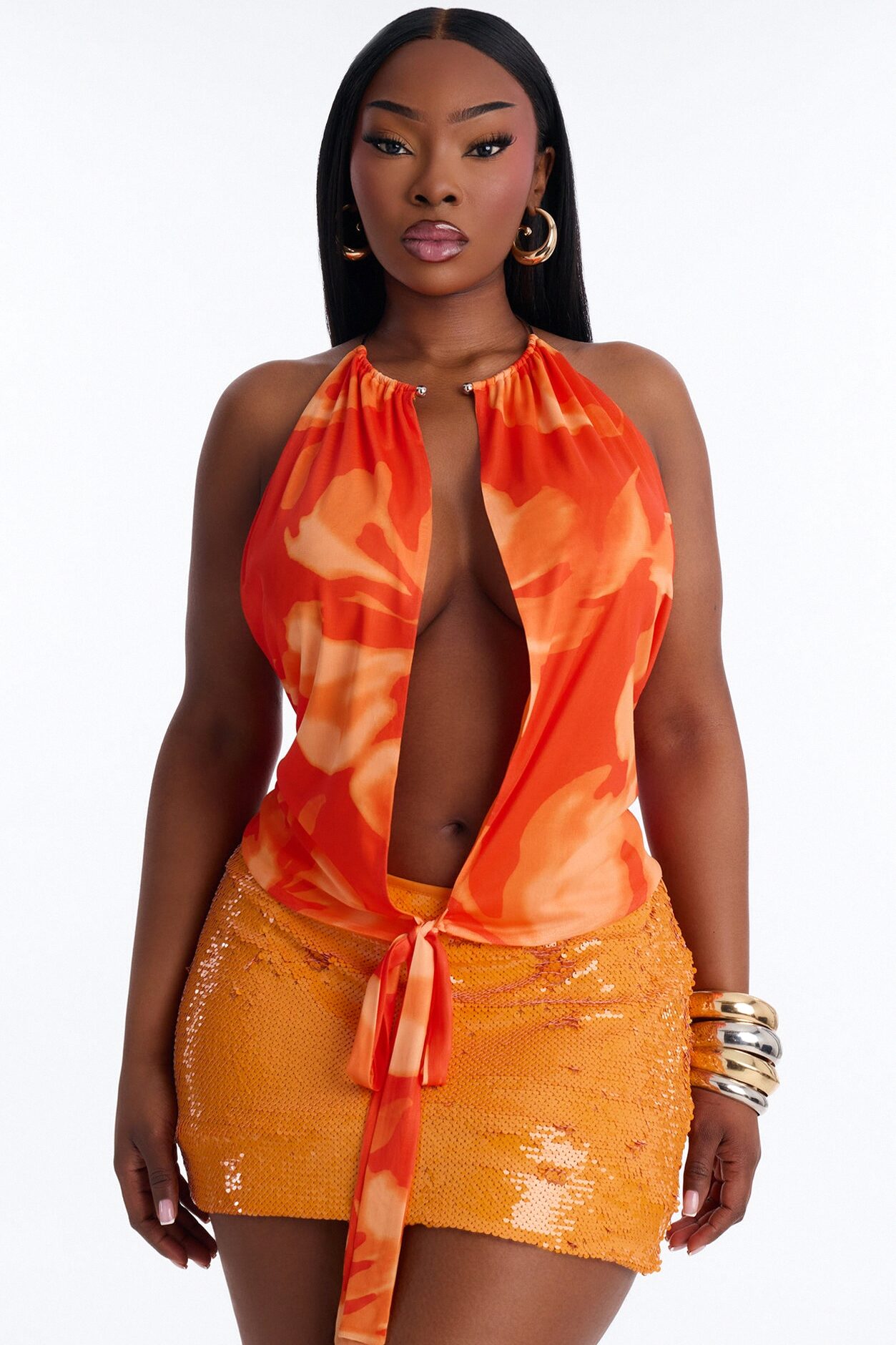 Naya Mesh Deep V-Neck Hardware Halter Top - Orange/combo