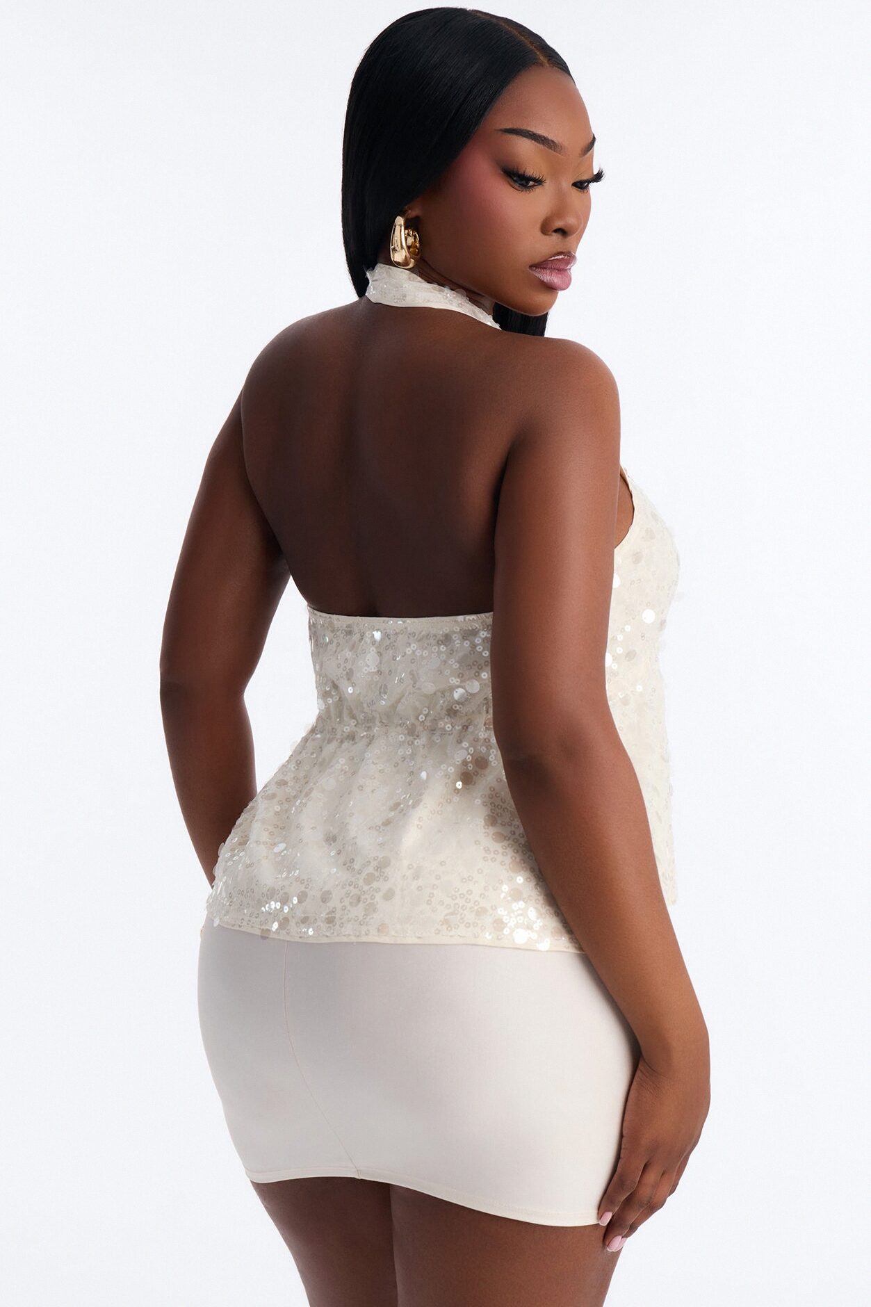 Cerafina Sequin Halter Flyaway Top - Cream