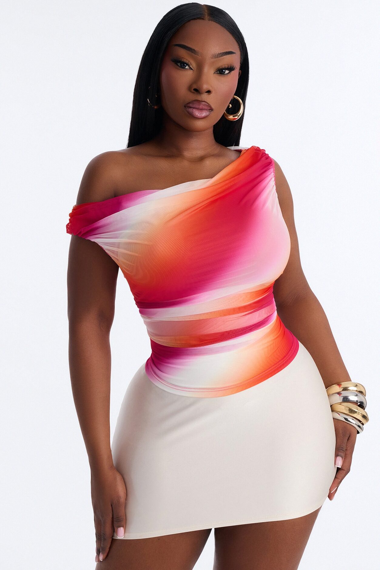 Belize Babe Abstract Mesh Off Shoulder Top - Pink/combo