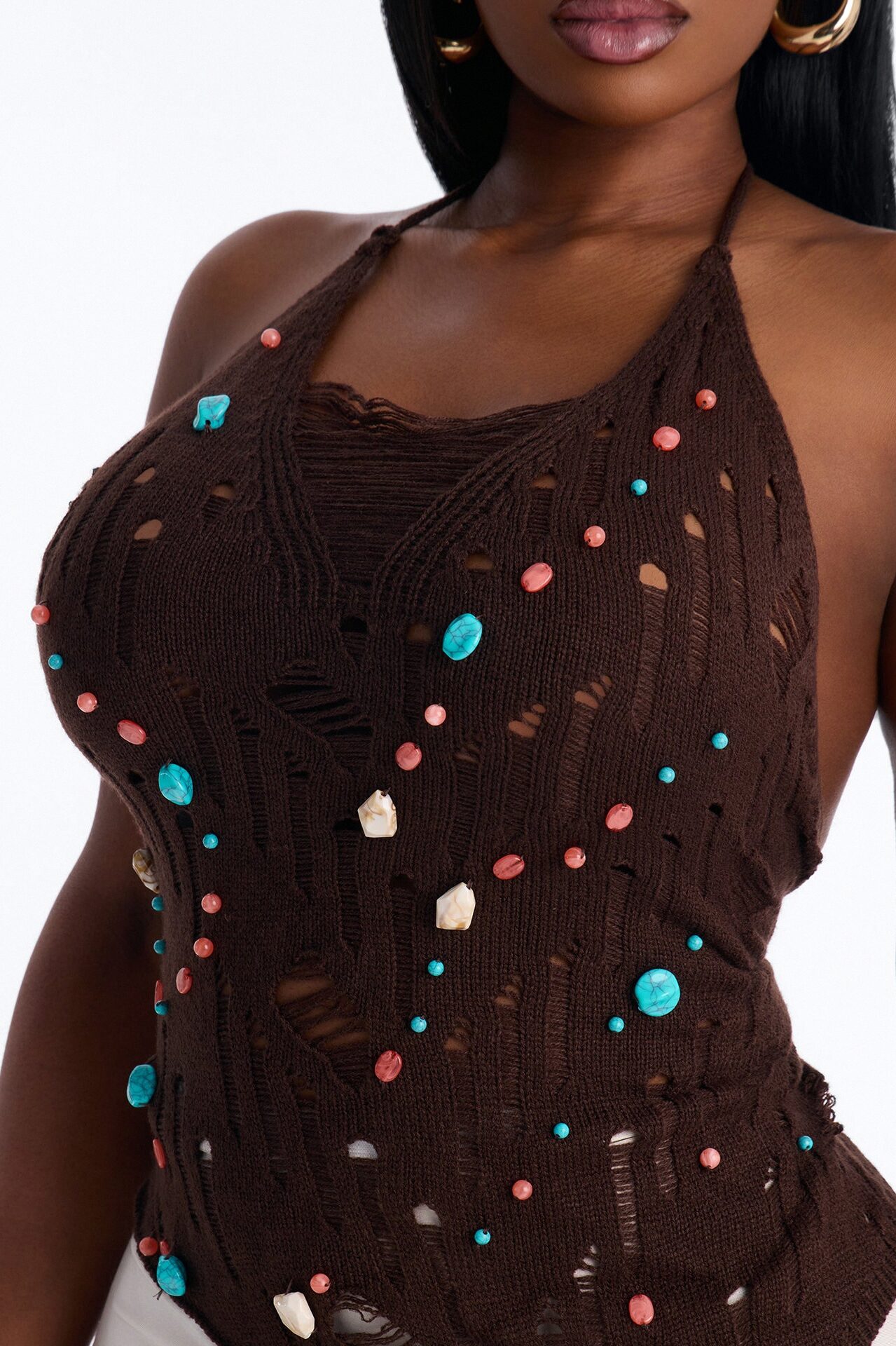 Alani Distressed Beaded Crochet Halter Top - Chocolate