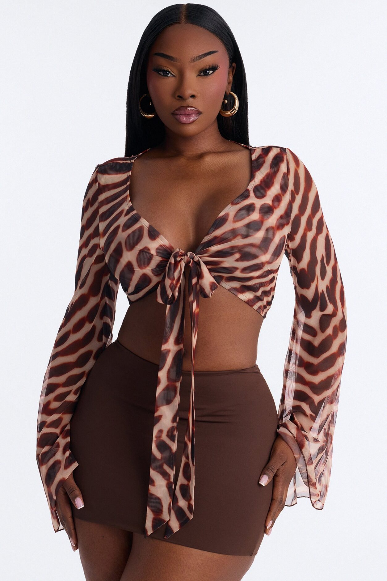 Morocco Mami Abstract Mesh Tie Front Crop Top - Brown/combo