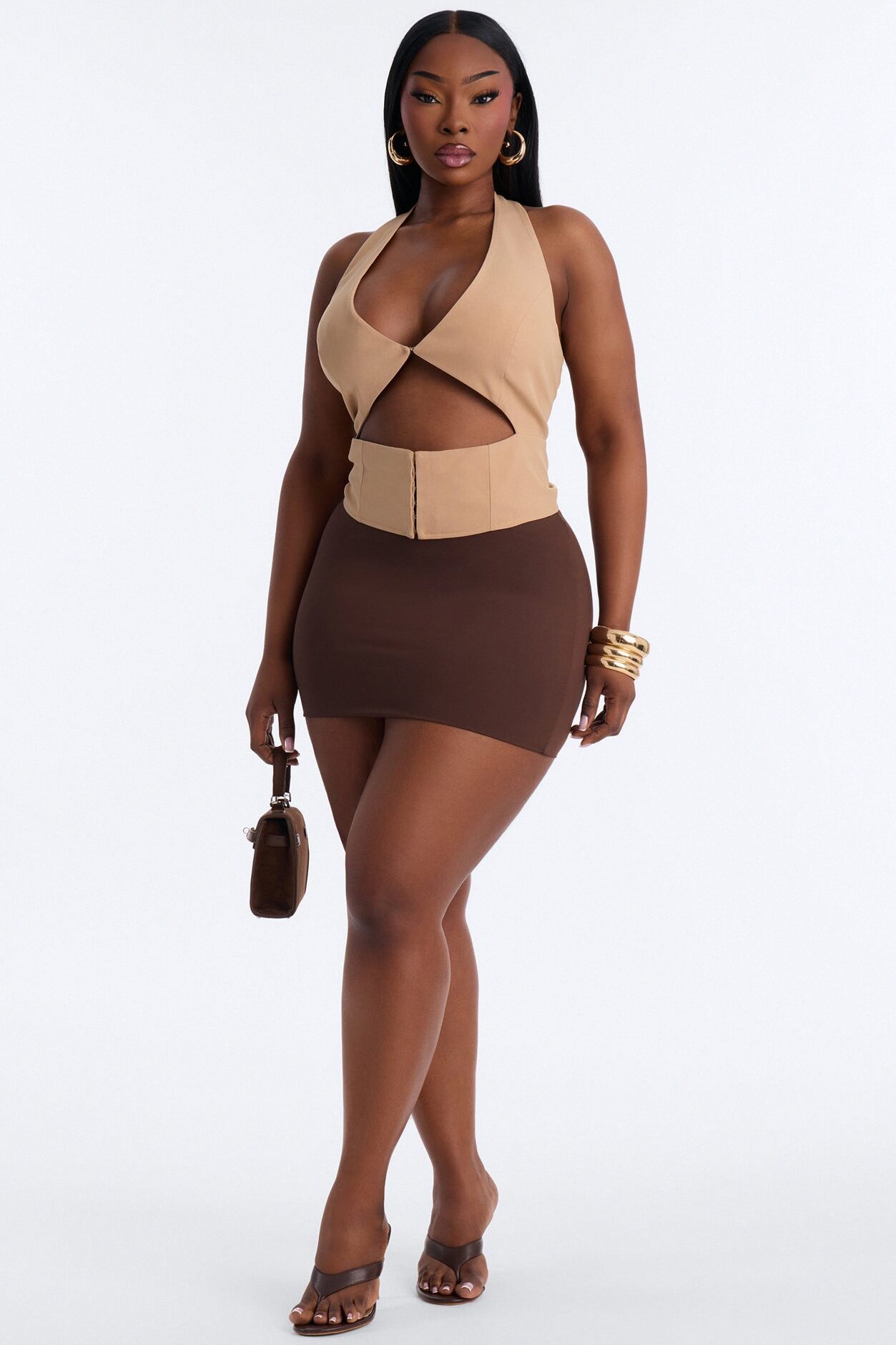 Callie Cut Out Twill Halter Top - Taupe