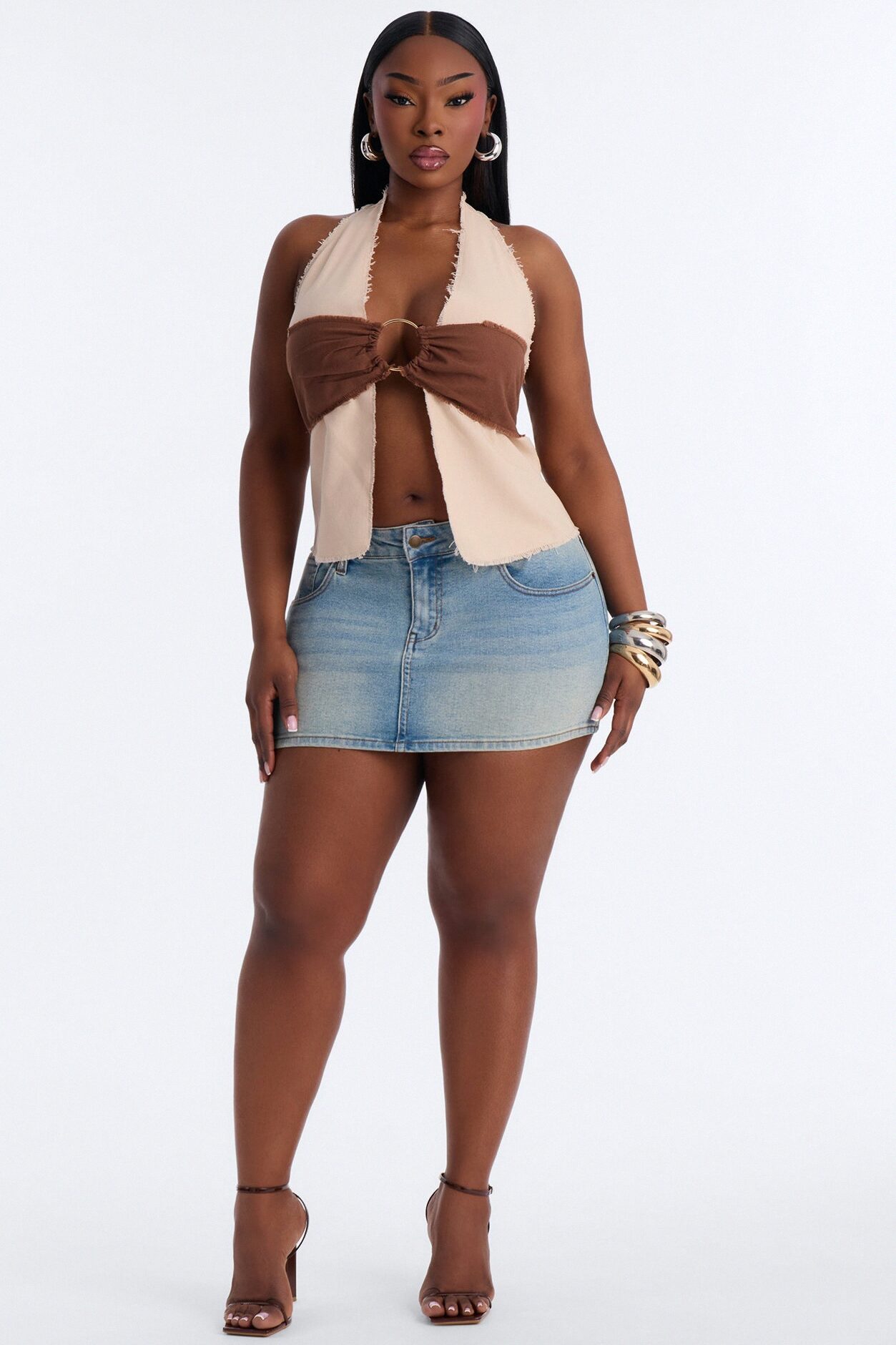 Summer Awaits Hardware Linen Halter Top - Beige/Brown