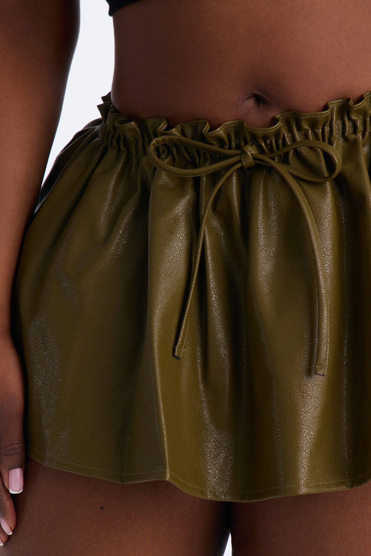 I'm A Flirt Pleated Faux Leather Peekaboo Micro Skort - Olive