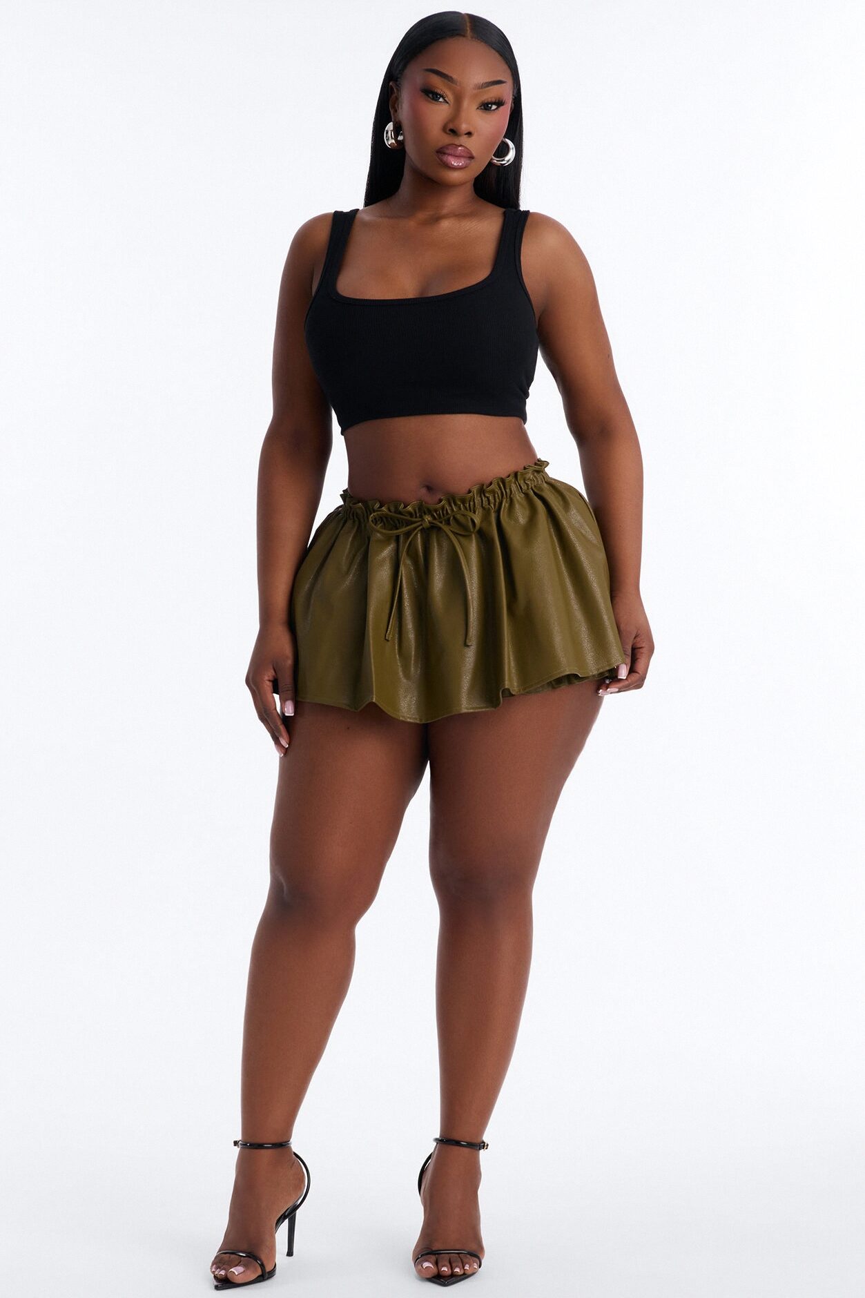 I'm A Flirt Pleated Faux Leather Peekaboo Micro Skort - Olive