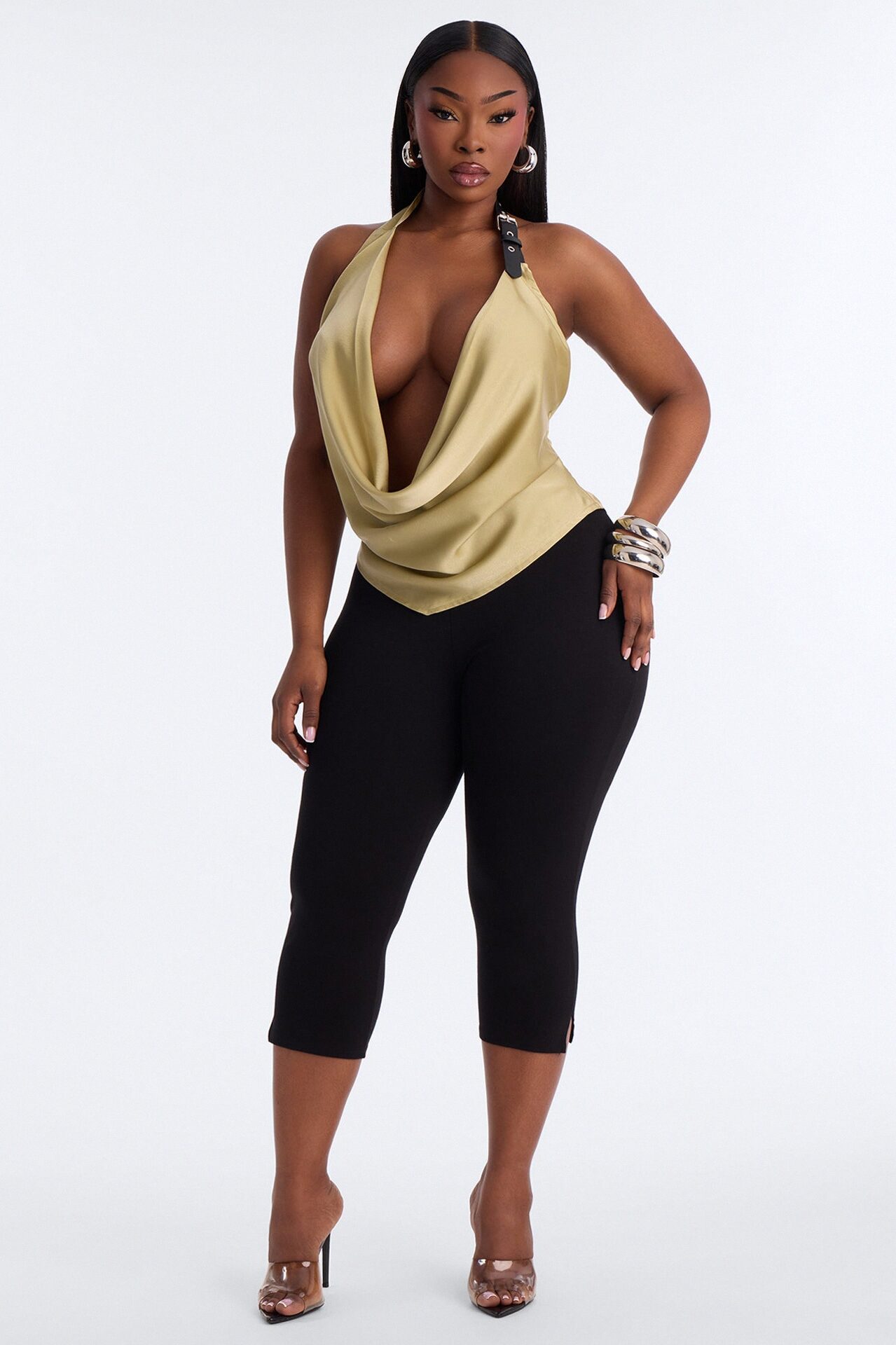 My Kind Of Night Belted Satin Halter Top - Sage