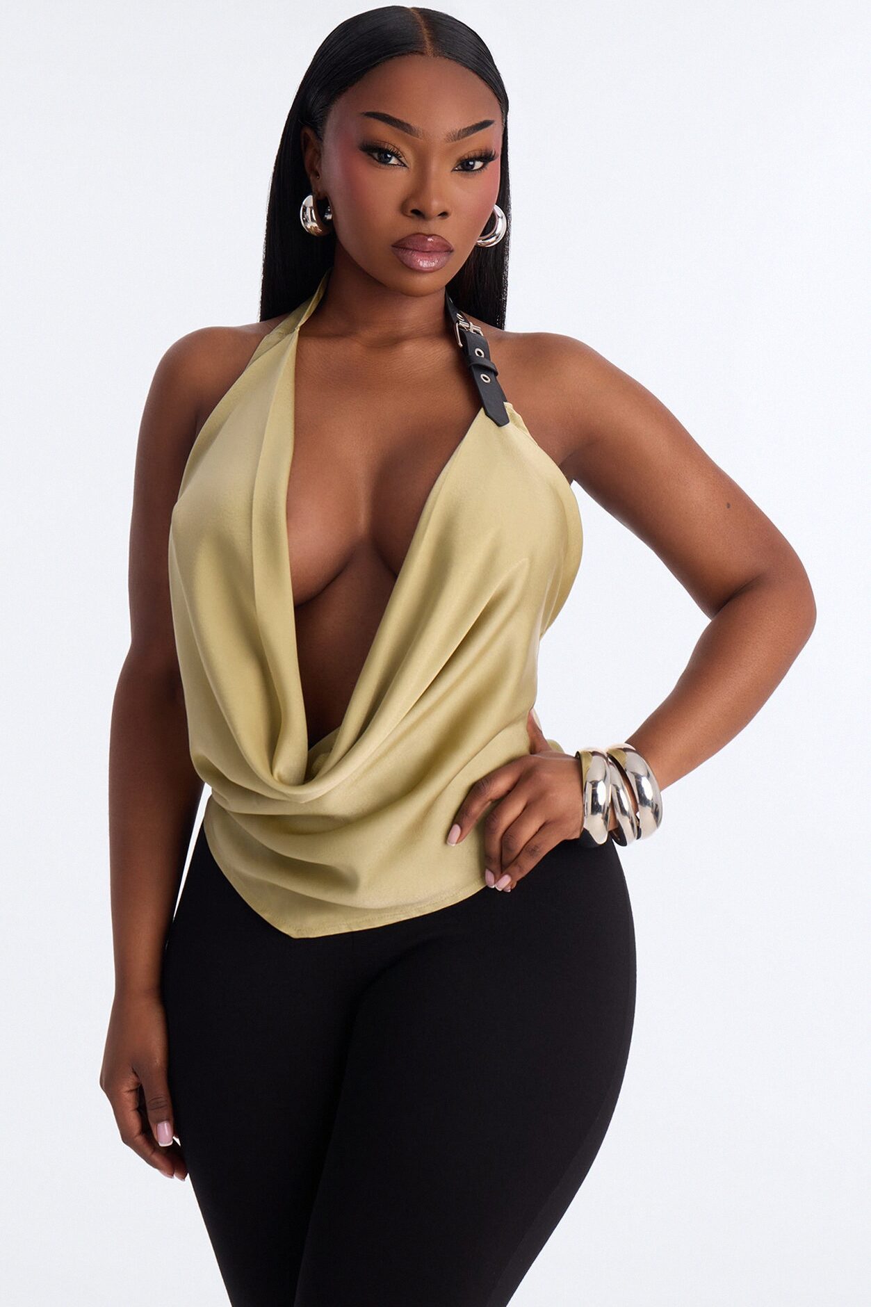 My Kind Of Night Belted Satin Halter Top - Sage